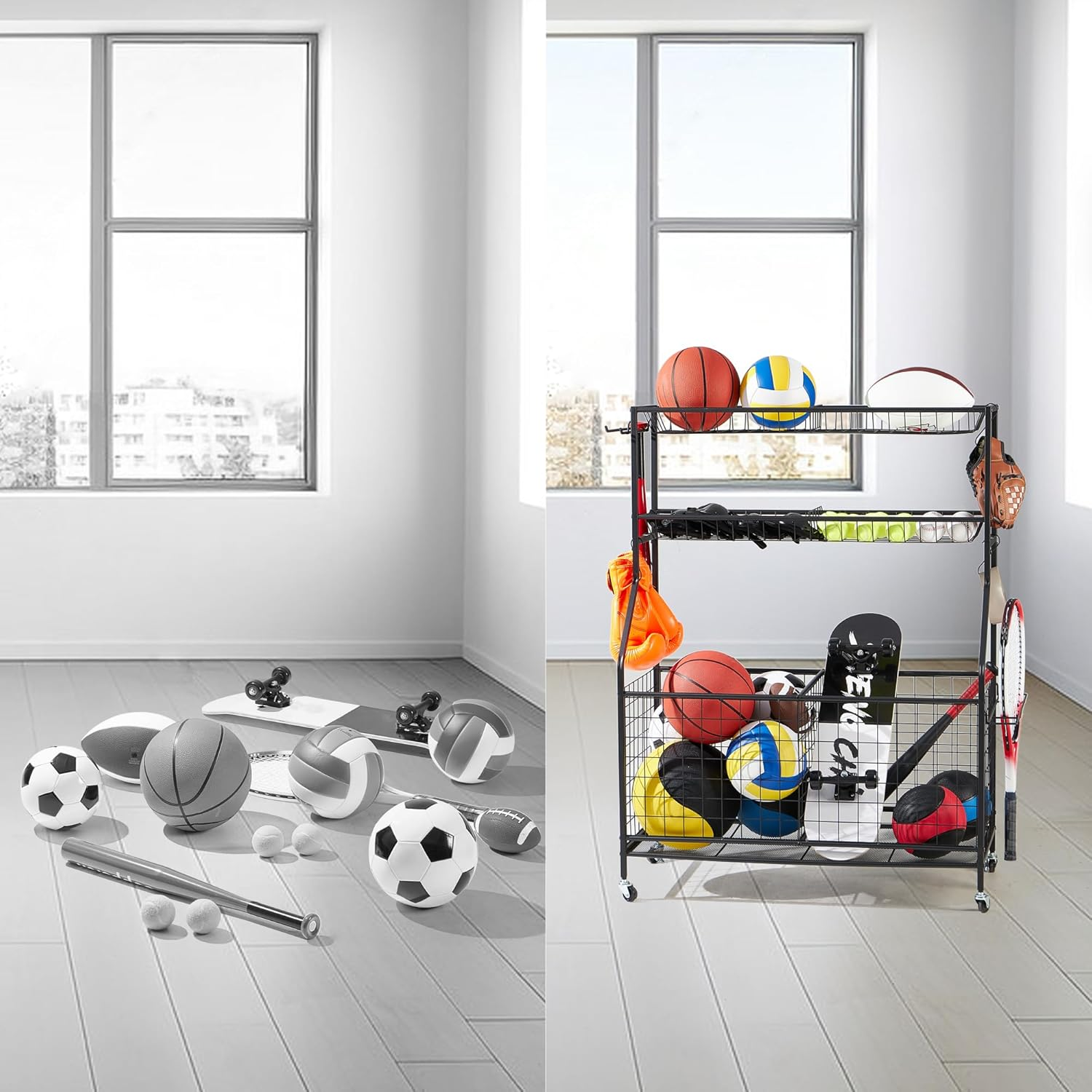 LUGO Heavy-Duty Garage Sports Equipment Organizer with Wheels, Indoor/Outdoor Ball Storage Rack with Baskets and Hooks, Ball Holder with Lockable Wheels, for Home, Garage, Kids Toys, Sports Gear image number 4