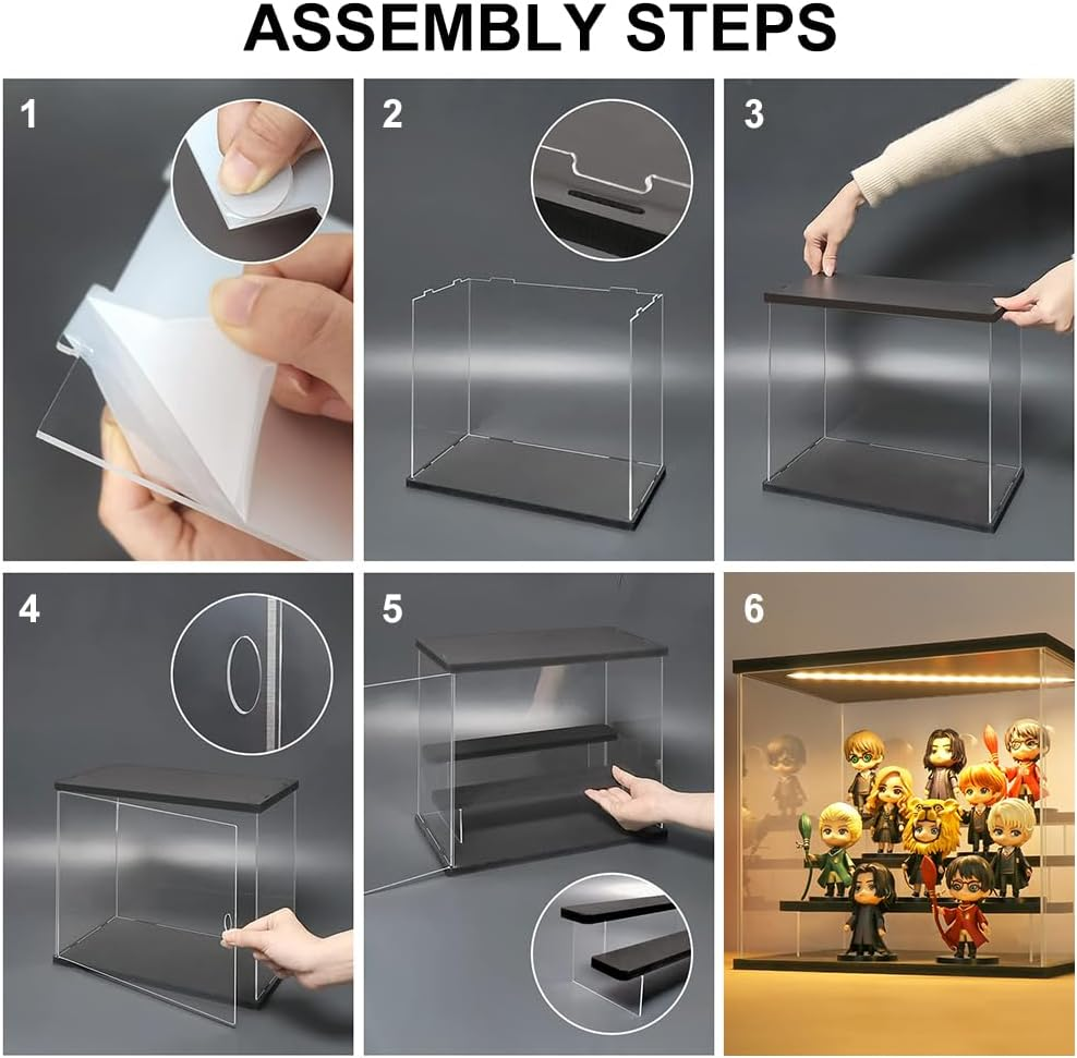 Clear Acrylic Display Case with 3-Color Light,4 Level Stand Display Box with Wooden Base Countertop Dustproof Showcase for Display Collectible Pop Figures and Toys,Toys Not (4 Tier Black) - 4 Tier Black image number 6