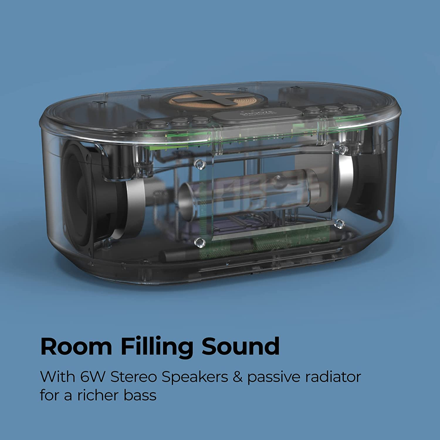 I-Box Bedside Wireless Charging Non Ticking Radio Alarm Clock with Dimmable LED Display - Mains Powered Dual Alarm Clock with USB Charger and Bluetooth Speaker, Grey image number 2