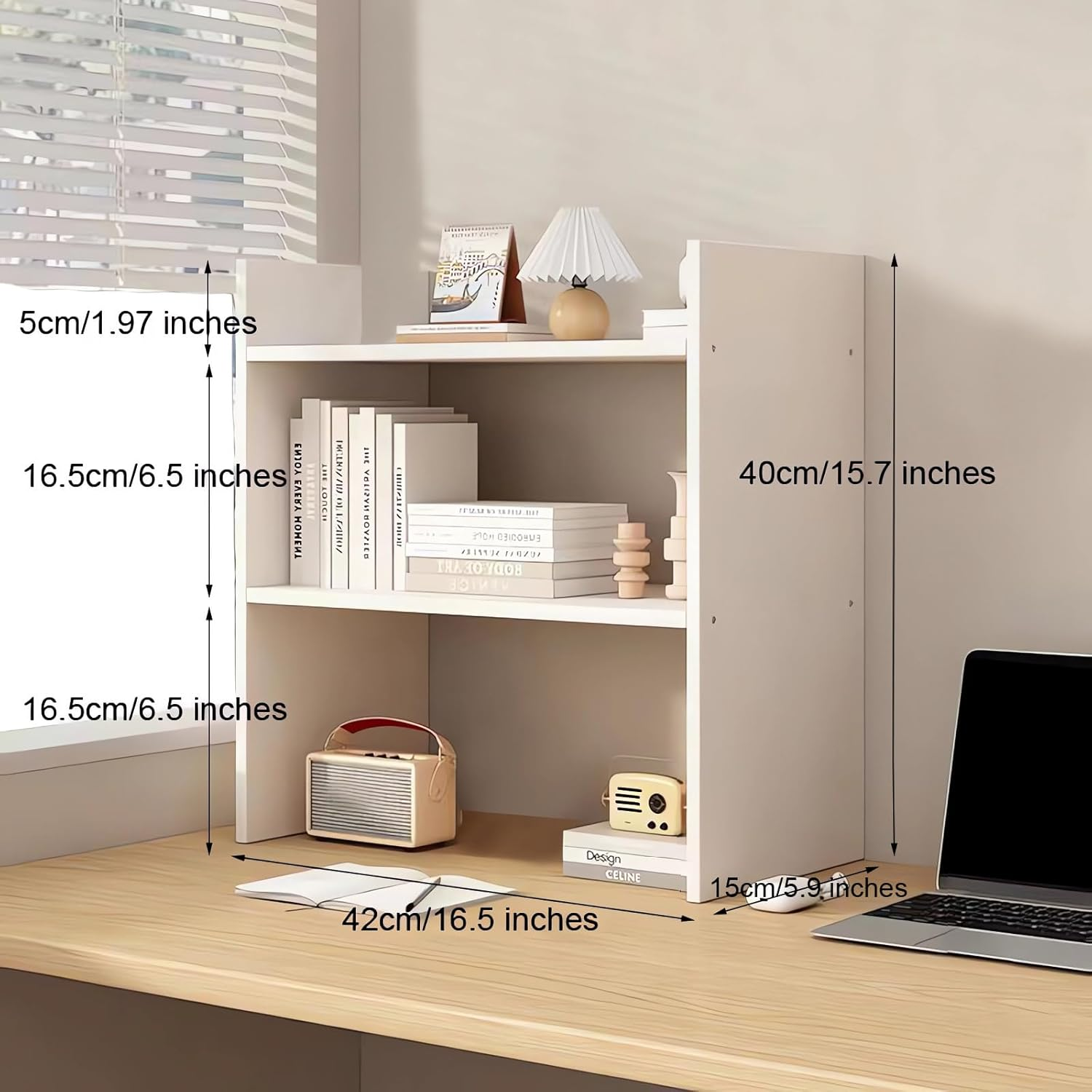 Desktop Bookshelf, 2-Tier Storage Rack, 42 X 40 X 15 Cm, Wood Bookcase A219 (A White) image number 1