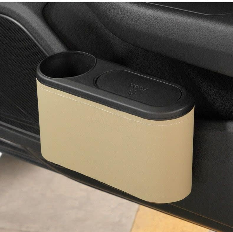 Car Trash Can with Lid,Mini Car Garbage Can Leakproof Trash Bin for Car,Automotive Garbage Container Accessories (Beige)