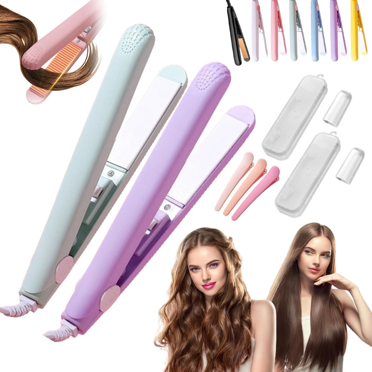 Portrayi Mini Dual-Purpose Curling Iron, Mini Curling Iron for Short Hair, Ceramic Mini Hair Curler, 2 in 1 Mini Hair Curler, Mini Curling Wand & Flat Iron Hair Straightener Travel Size (2Pcs-A)