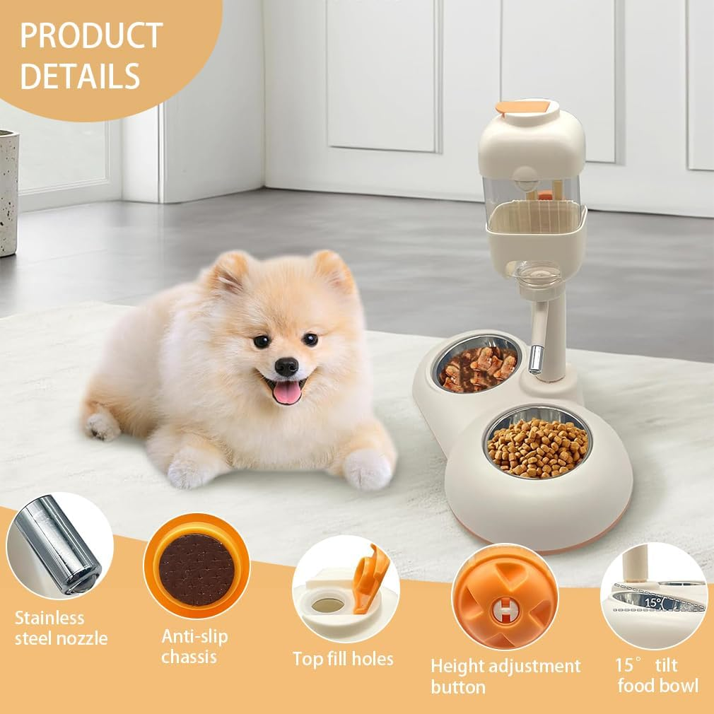 Dog Drinking Fountain with Stand, Pet Standing Drinking Fountain Bowl Removable, Double Bowl Adjustable Automatic Drinking Fountain, Pet Slow Drinking Bottle for Indoor Pet Water Feeding
