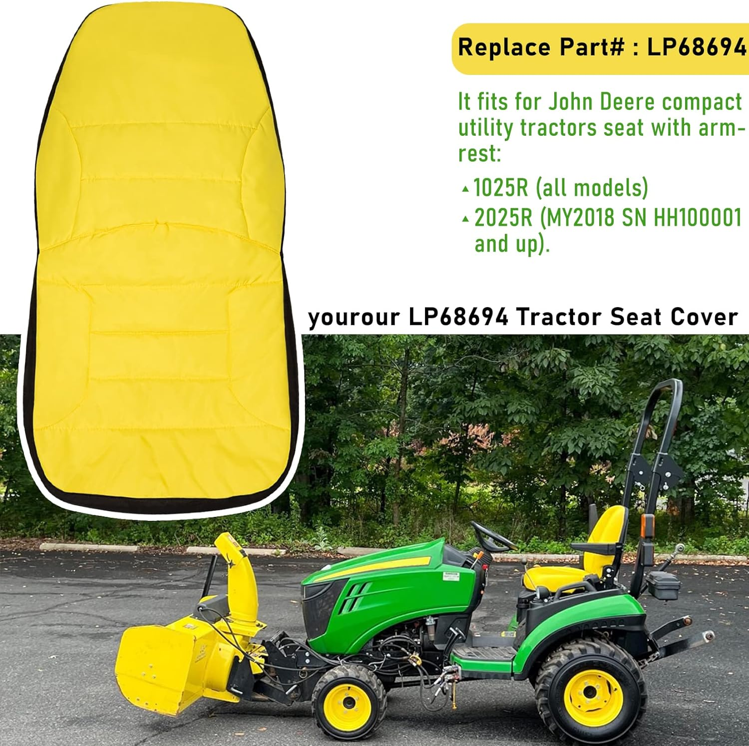 LP68694 Seat Cover Compact Utility Tractor Cushioned Seat Cover Fits for John Deere Compact Utility Tractor with Armrest 1025R,2025R - Oxford 300D Fabric, Waterproof image number 3