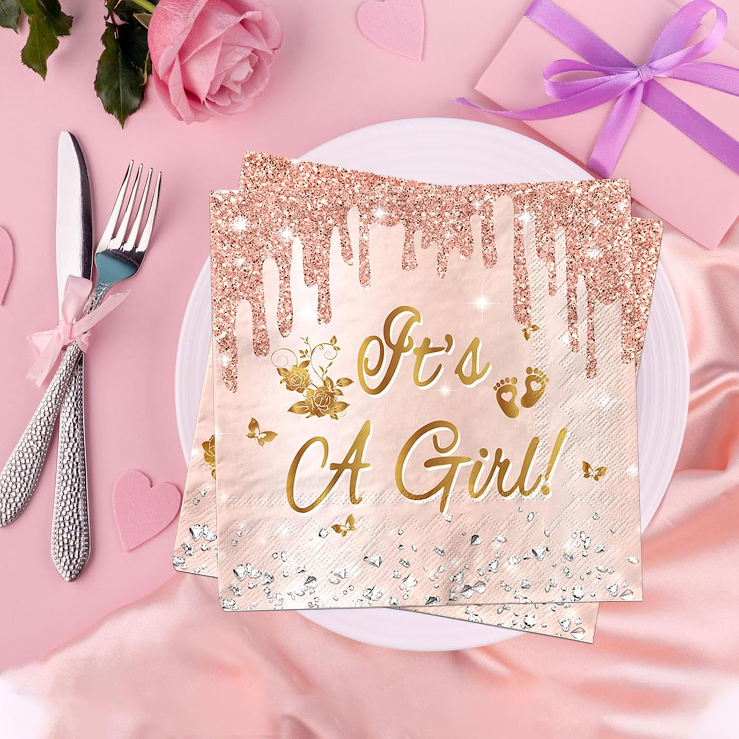Juweked 40Pcs Pink and Gold Baby Shower Napkins for Girl It'S a Girl Napkins Baby Shower Tableware Girl Baby Girl Shower Napkins Gender Reveal Napkins Pink Baby Shower Decorations image number 5