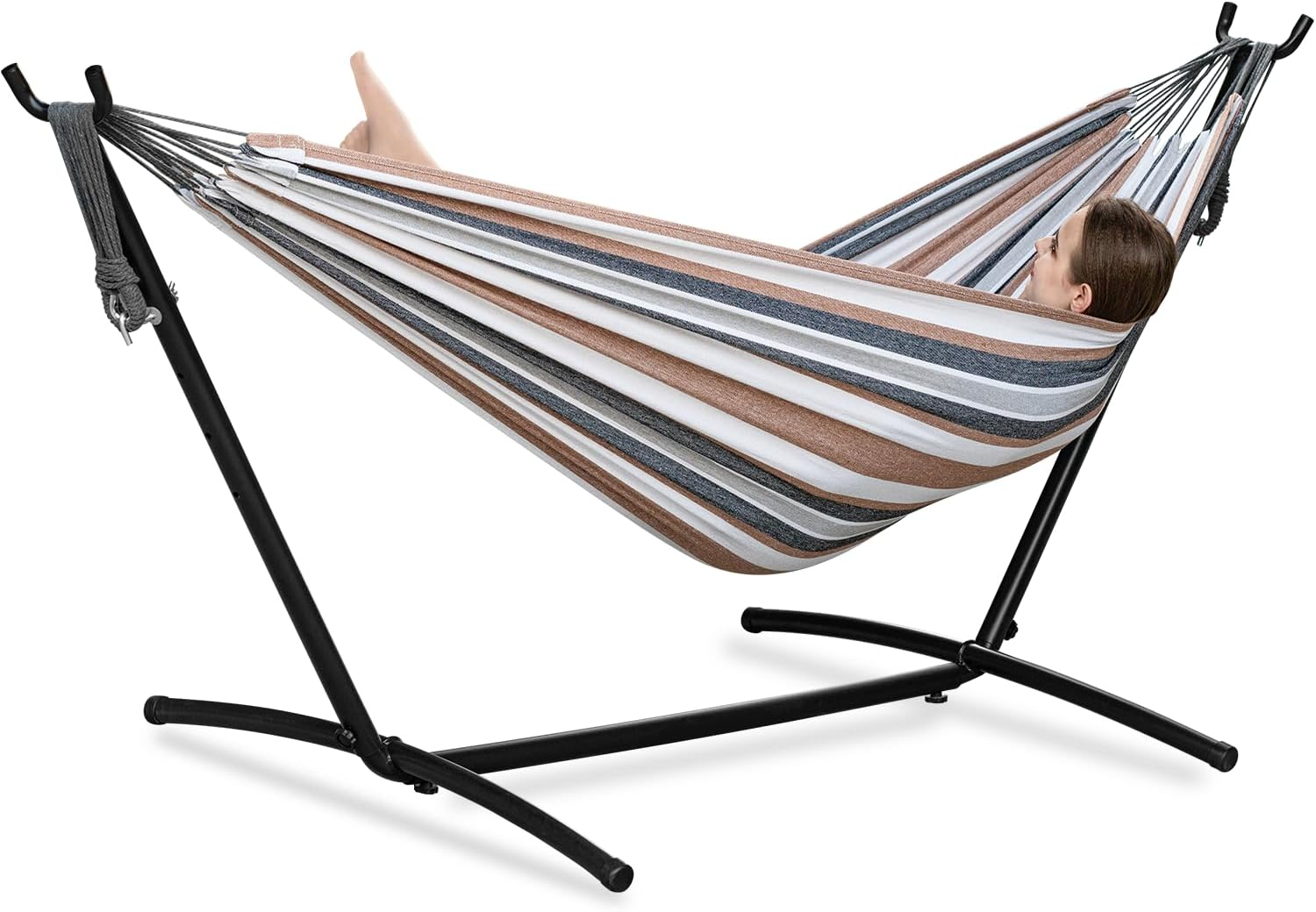 PNAEUT Double Hammocks with Stand for Outside, Portable Space Saving Heavy-Duty Steel Stand for Indoor Outdoor Patio, 450 Lbs Capacity (Tropical)