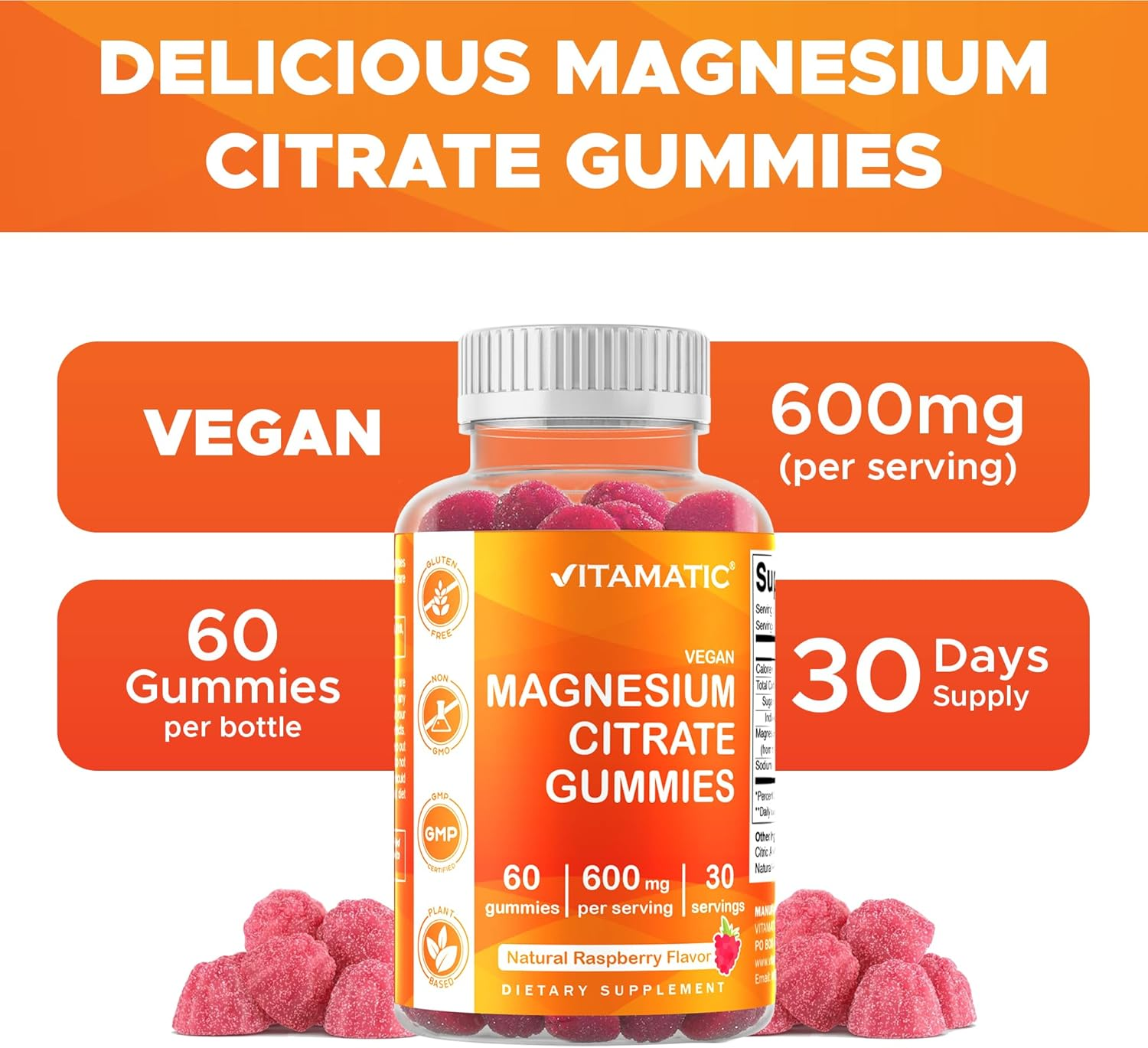 2 Pack - Vitamatic Magnesium Gummies 600Mg per Serving - 60 Vegan Gummies - Promotes Healthy Relaxation, Muscle, Bone, & Energy Support (120 Count) image number 3