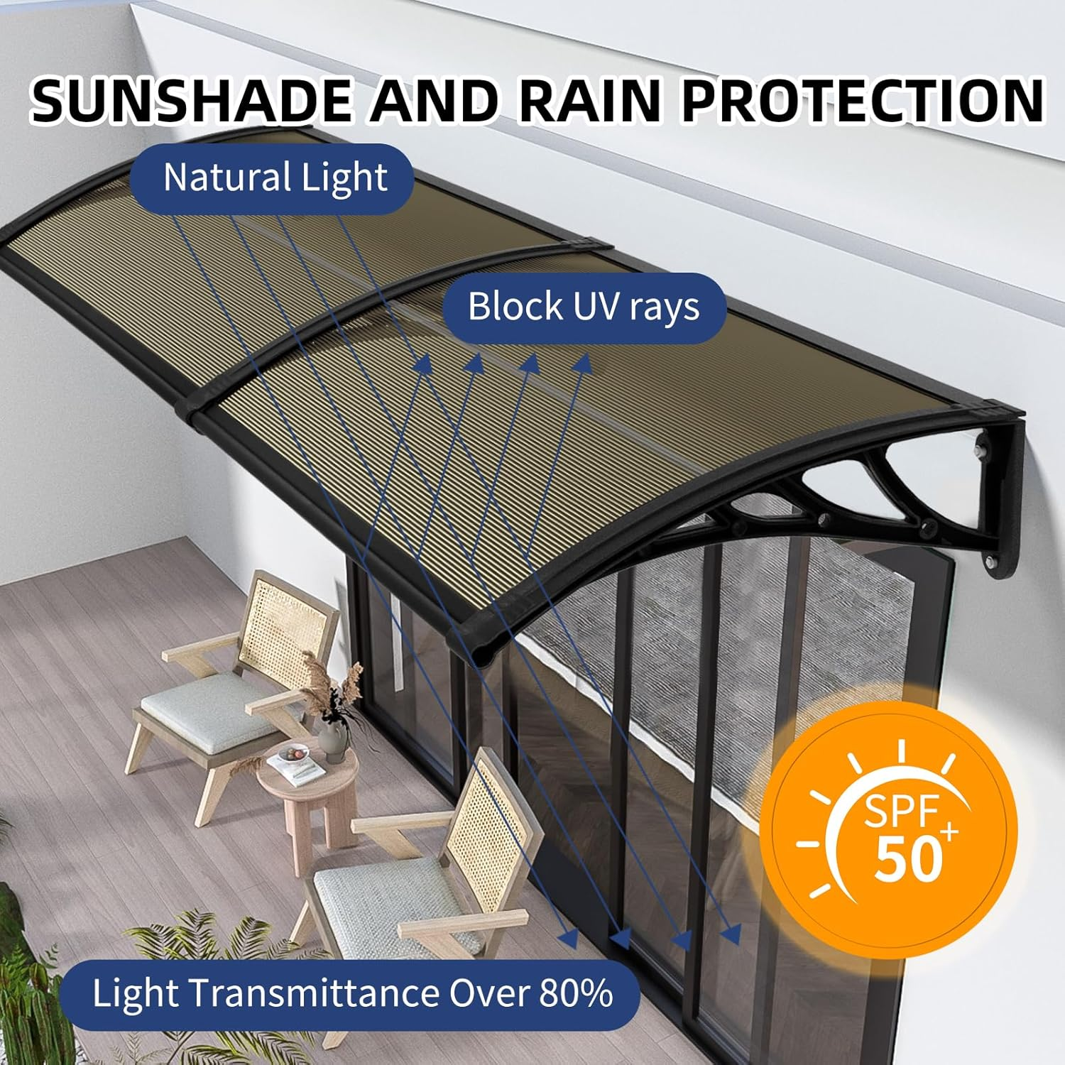 1M X 2M Brown Window Canopy Awning, Window Door Awning for Rain, Heavy Duty Window Awnings Sun Shade, Durable Door Awnings Rain Shelter, Reinforced Window Canopy with Black Bracket Outdoor image number 1
