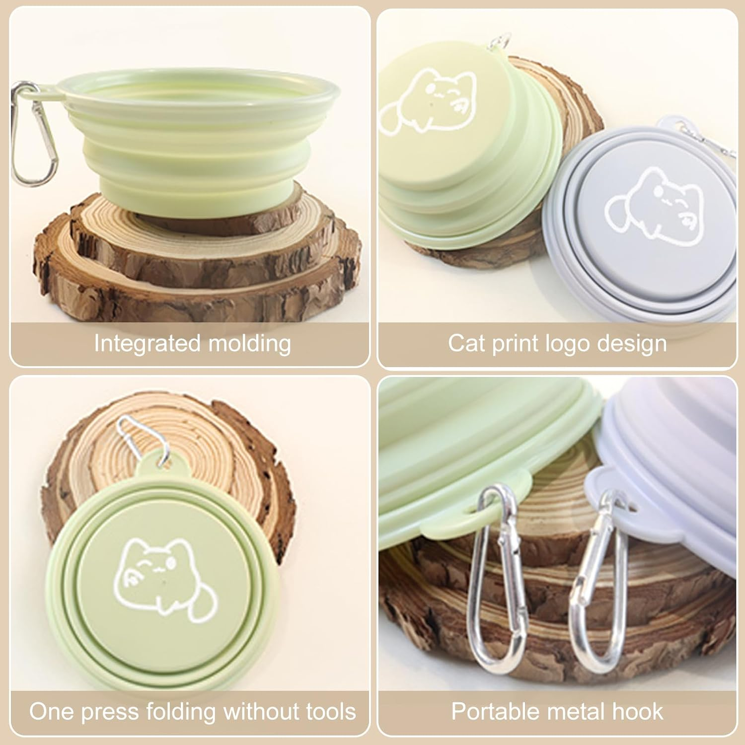 2 Pack 350Ml Collapsible Pet Bowl with Carabiner, Portable Silicone Travel Bowl with Cat Design, for Cat and Medium Dog, 5 Colours Available (Green) image number 5