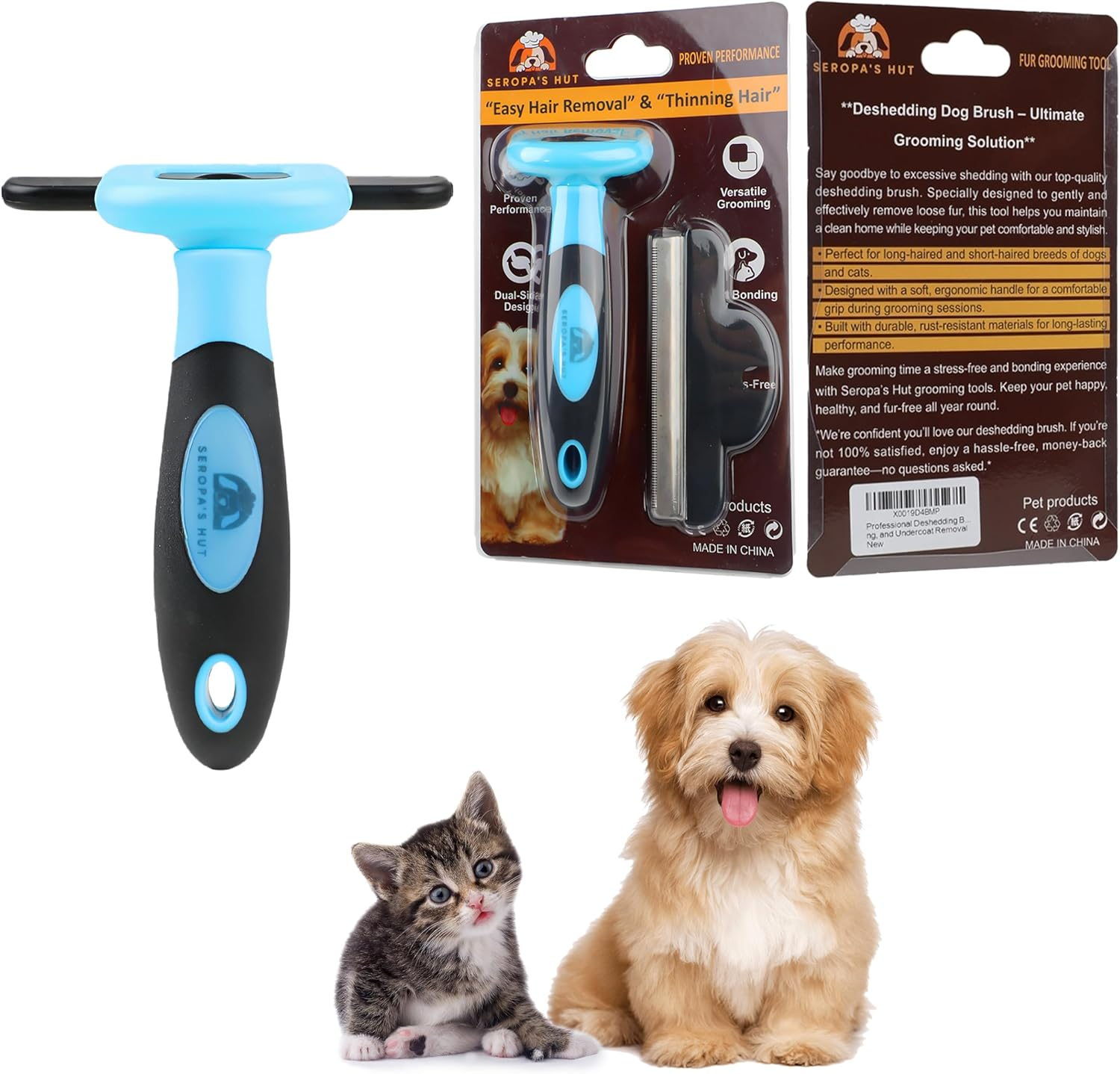 Seropa&rsquo;S Hut Deshedding Brush for Dogs & Cats &ndash; Professional Grooming Tool for Short, Medium & Long Hair &ndash; Push-Button Self-Cleaning Undercoat Remover &ndash; Safe Stainless Steel Blade &ndash; Reduces Shedding by 95% image number 4