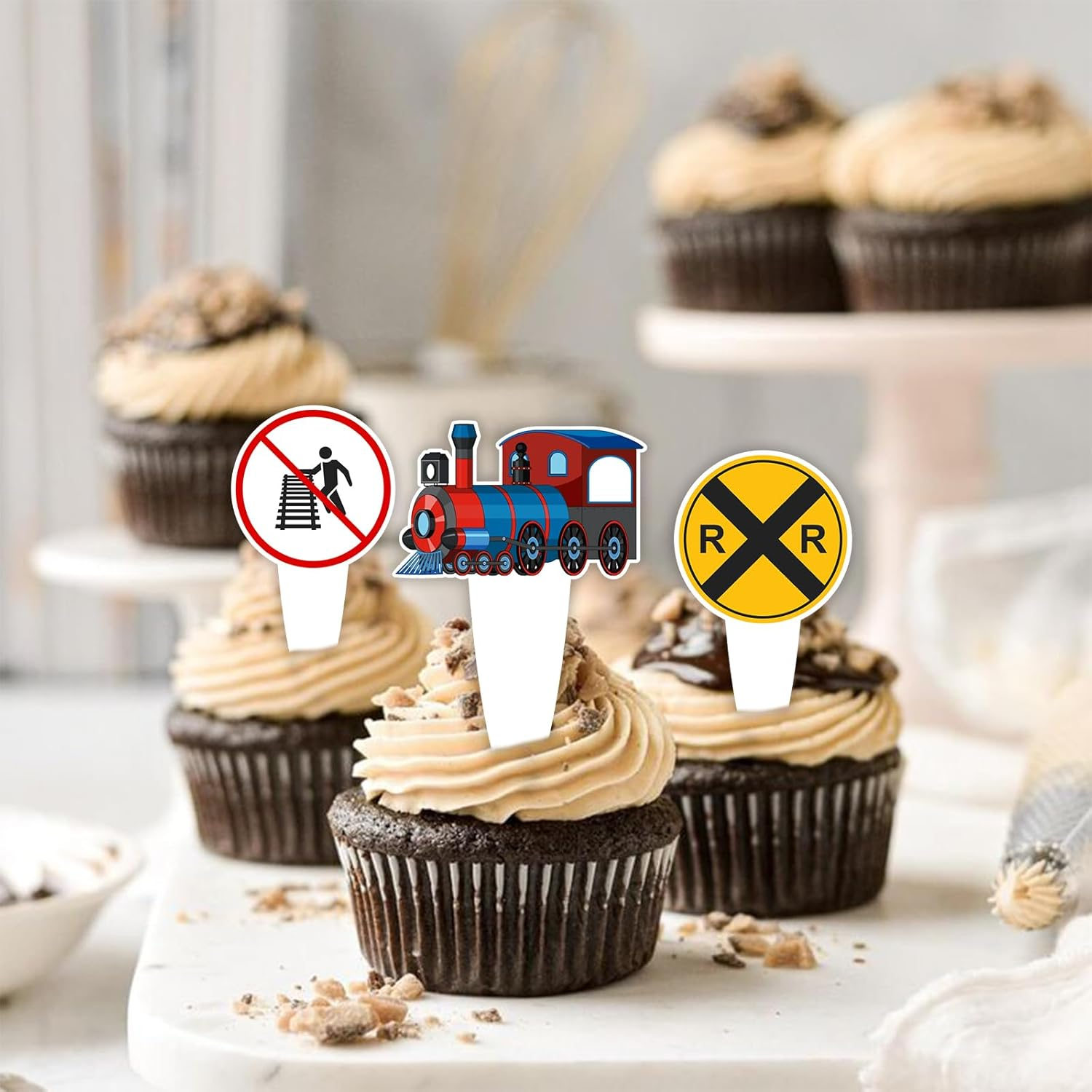 Dessert Cupcake Topper Cheer to Transportation Train Railroad Crossing Theme Decor Supplies Baby Shower Children Boy Girl Happy Birthday Party Decorations Set 24Pcs image number 1