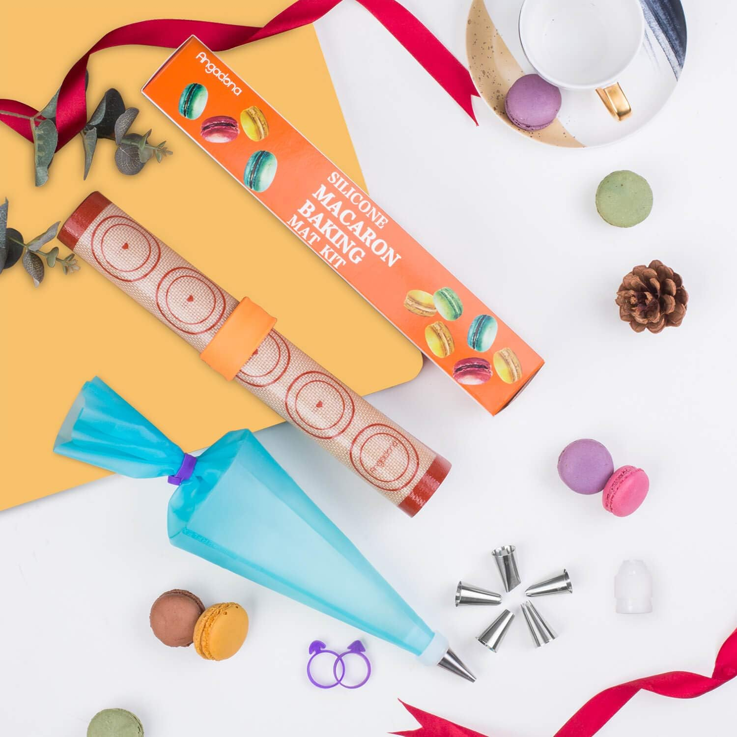 Silicone Baking Mat Macaron Mat Kit(14Pcs Set) Macaroon Baking Mat Set of 2 Half Sheet Macaron Silicone Mat Nonstick Macaron Mat Sheet,6 Piping Tip,2 Piping Bag with 2 Bag Half Quarter Sheet Brown+Purple - Brown+Blue image number 5