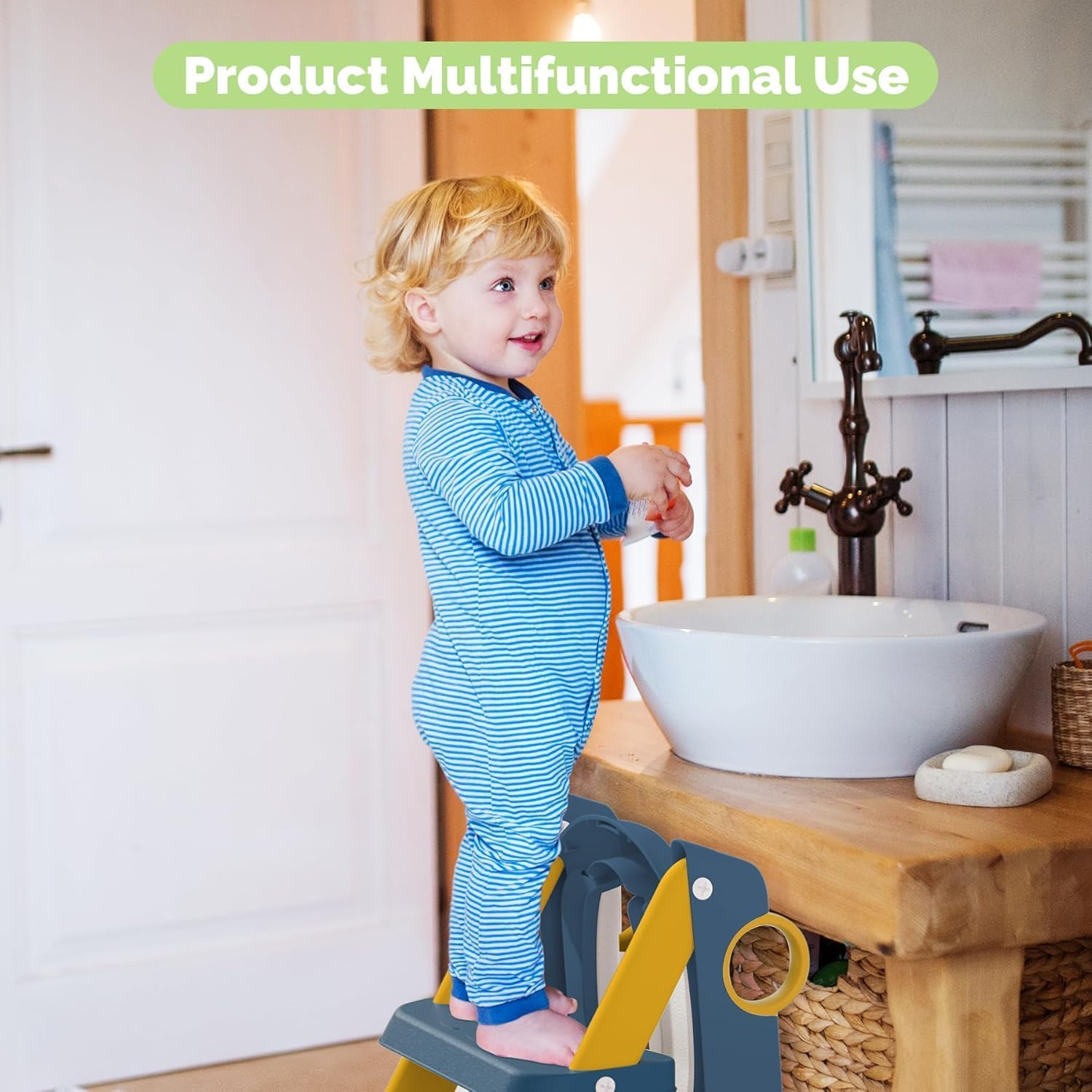 Potty Training Toilet Seat, Toddler Toilet Seat for Boys Girls, 2-In-1 Potty Training Toilet with Step Stool Ladder Soft Cushioned Seat Splash Guard Blue&Yellow image number 2