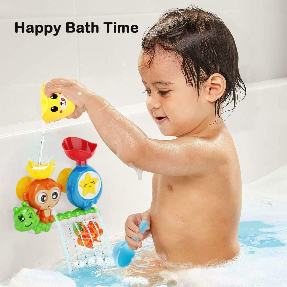 Bath Toys - 4 Pcs, Toddler Bath Toys for 3 4 5 Year Old, Kids Bath Toys, Monkey Sprinkler Water Toys, 3 Wind-Up Dolphin Bathtub Toys (1 Monkey with 3 Dolphin)