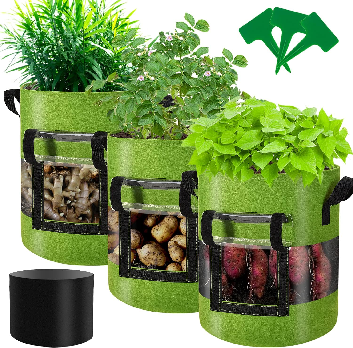 360 Degree Visible 3-Pacs10 Gallon Potato Grow Bags with Flap, Potatoes Growing Containers with Handles&Visible Space for Vegetables/Strawberry/Sweet Potato Used Outdoor and Indoor
