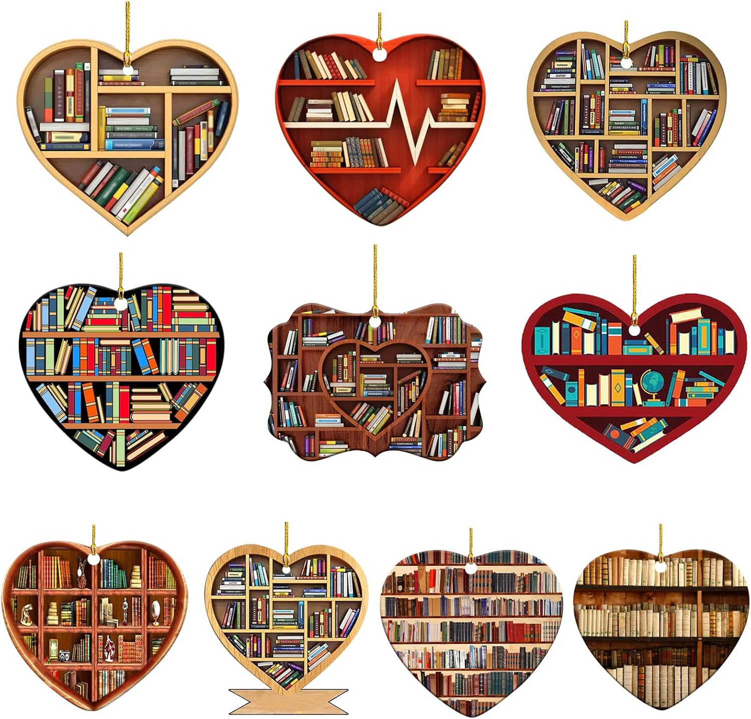 10 Pcs Book Lovers Heart Librarian Ornament,Books Stacked Ornament,Christmas Ornaments,Bookshelf Decor Ornaments,Library Ornament,Librarian Christmas Ornament