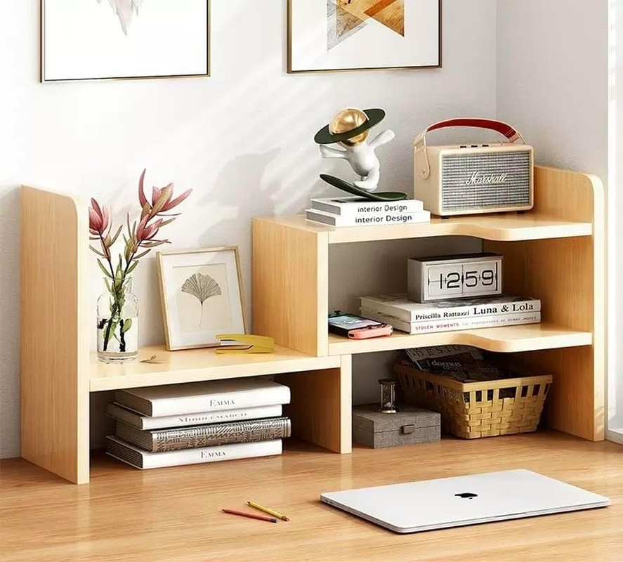 Joiena Desktop Bookshelf Desk Storage Organizer Adjustable Wood Bookcase Desktop Display Shelf Stand Rack with Cabinet Office Supplies (Wood, without Door)