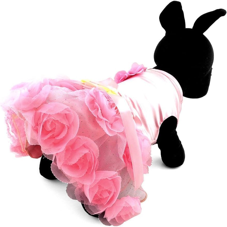 Pet Small Dog Wedding Dress with Bowknot Birthday Party Costume Satin Rose Pearls Girl Formal Dress (Pink, XXL)