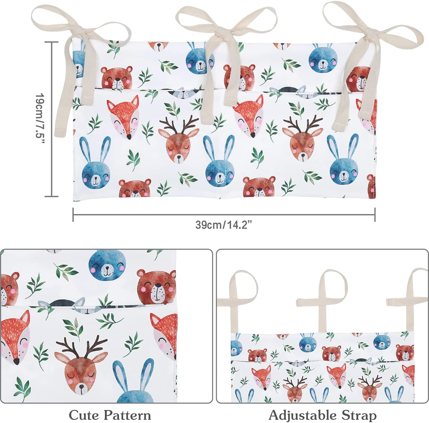 Winmany Baby Crib Organizer Cot Caddy Bed Storage Bag 2 Pockets Bedside Hanging Diaper Nursery Organizer for Diapers Toys Clothing (Animal) image number 5