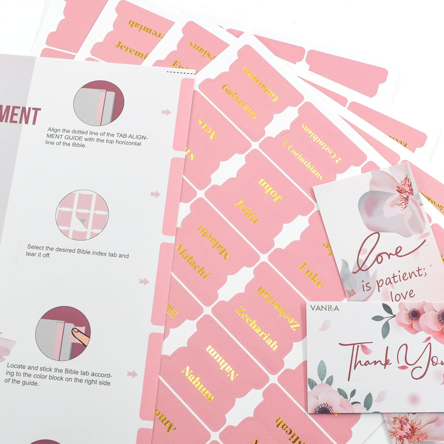 VANRA Bible Tabs for Women Study Bible Journaling Supplies Large Print, 96 Tabs Old and New Testament Studying with Blank Laminated Bible Tabs Pink (Gold Lettering) image number 5