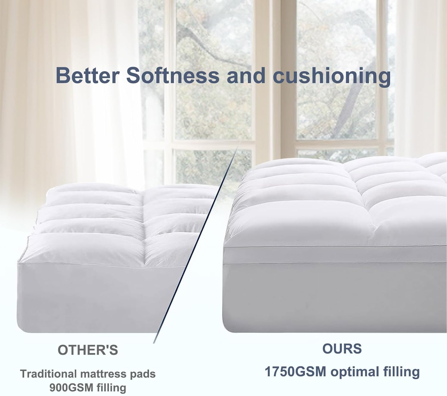 Bamboo Mattress Topper Hotel Style Pillowtop Fitted Mattress Cover 10Cm Thick - Machine Washable Hypoallergenic(White (1750GSM), Double) image number 4