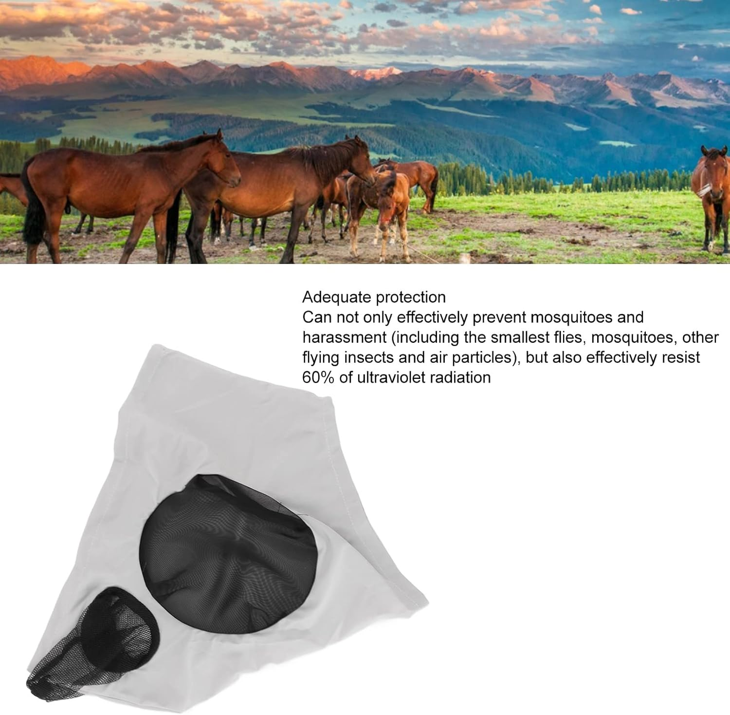 Breathable Horse Mesh Fly Mask with Ears, Elastic Equestrian Face Mask for Horses, Sunlight Protection & Fly Protector (Gray)