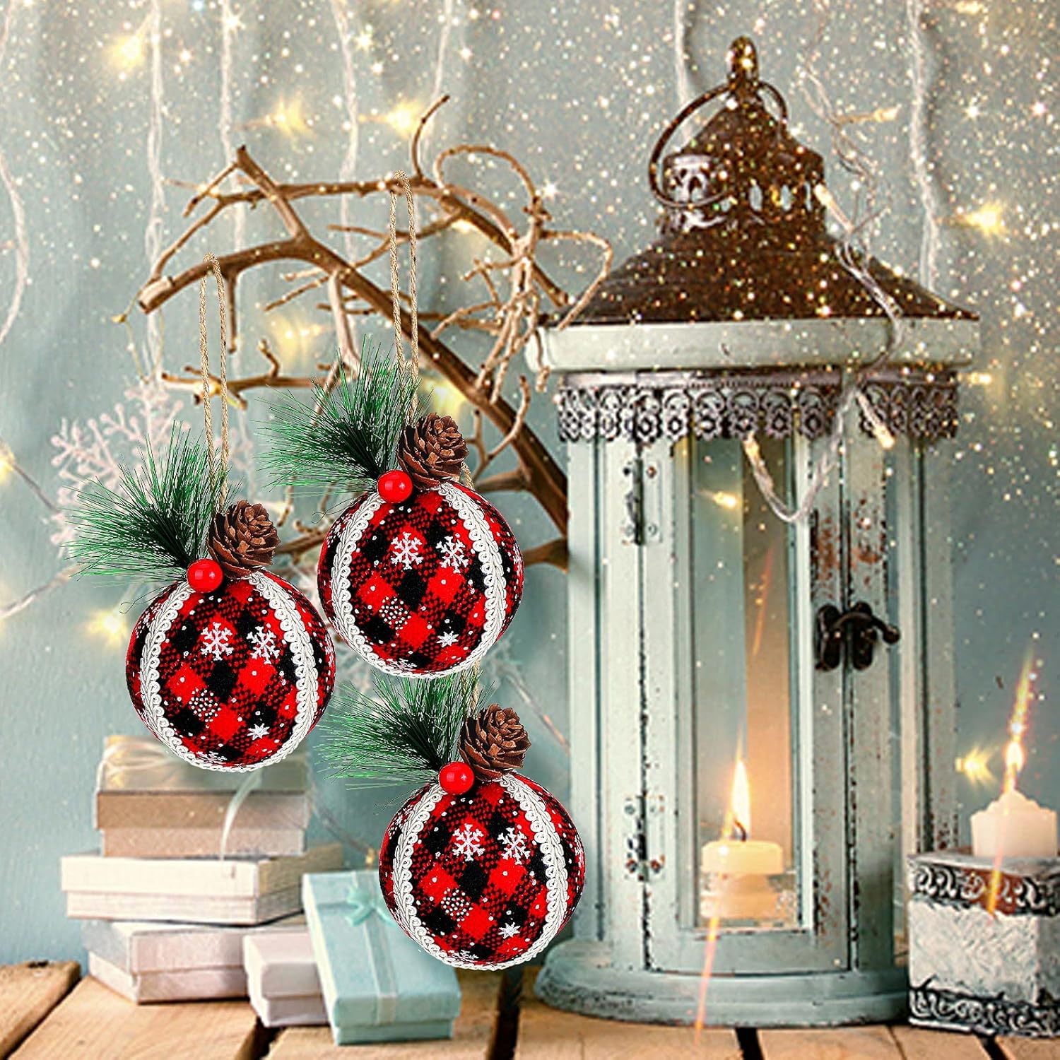 12 Pieces Christmas Buffalo Plaid Ball Ornaments Plaid Burlap Ornament Foam Christmas Ball Ornaments Christmas Hanging Indoor Ornaments for Christmas Party Anniversary Decorations image number 2