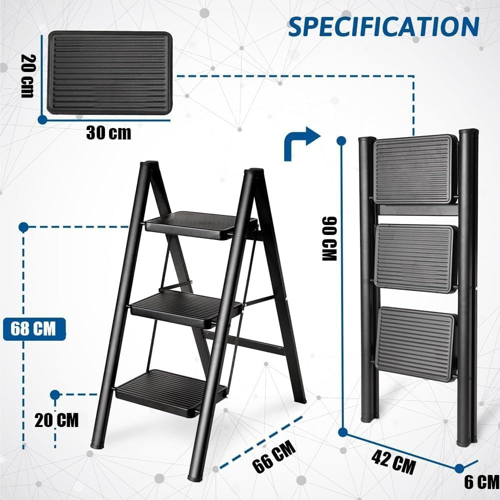 Step Ladder, 3 Steps Full Steel Folding Step Stool, Sturdy Small Step Stool for Adults,Closet Step Stool Ladder with Anti-Slip Wide Pedals, Multi-Use Kitchen Ladder,Bearing Capacity150Kg image number 4
