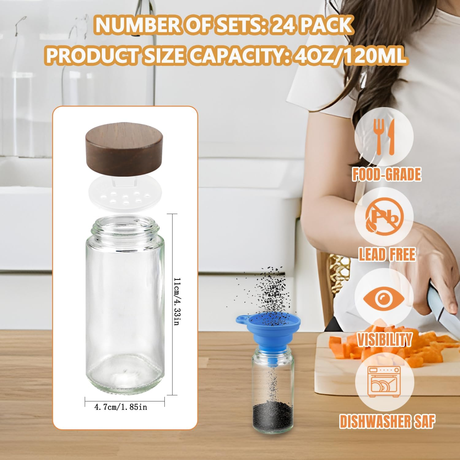 Necomi 24Pack Spice Jars with Labels & Bamboo Lids，120Ml/4Oz Kitchen Glass Spice Jars, Spice Containers with Shaker Lids, Label, Pen, Brush, Silicone Funnels (24Pcs)
