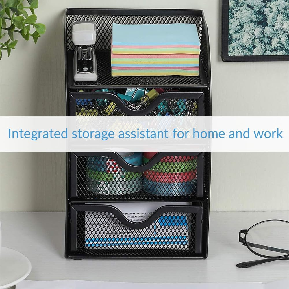 Mesh Office Desktop Storage Rack, Metal Partition Drawer Storage Rack, Sundries Organizer, Desktop Storage Basket, Suitable for Office, Home, Student, Workspace (Black) image number 3