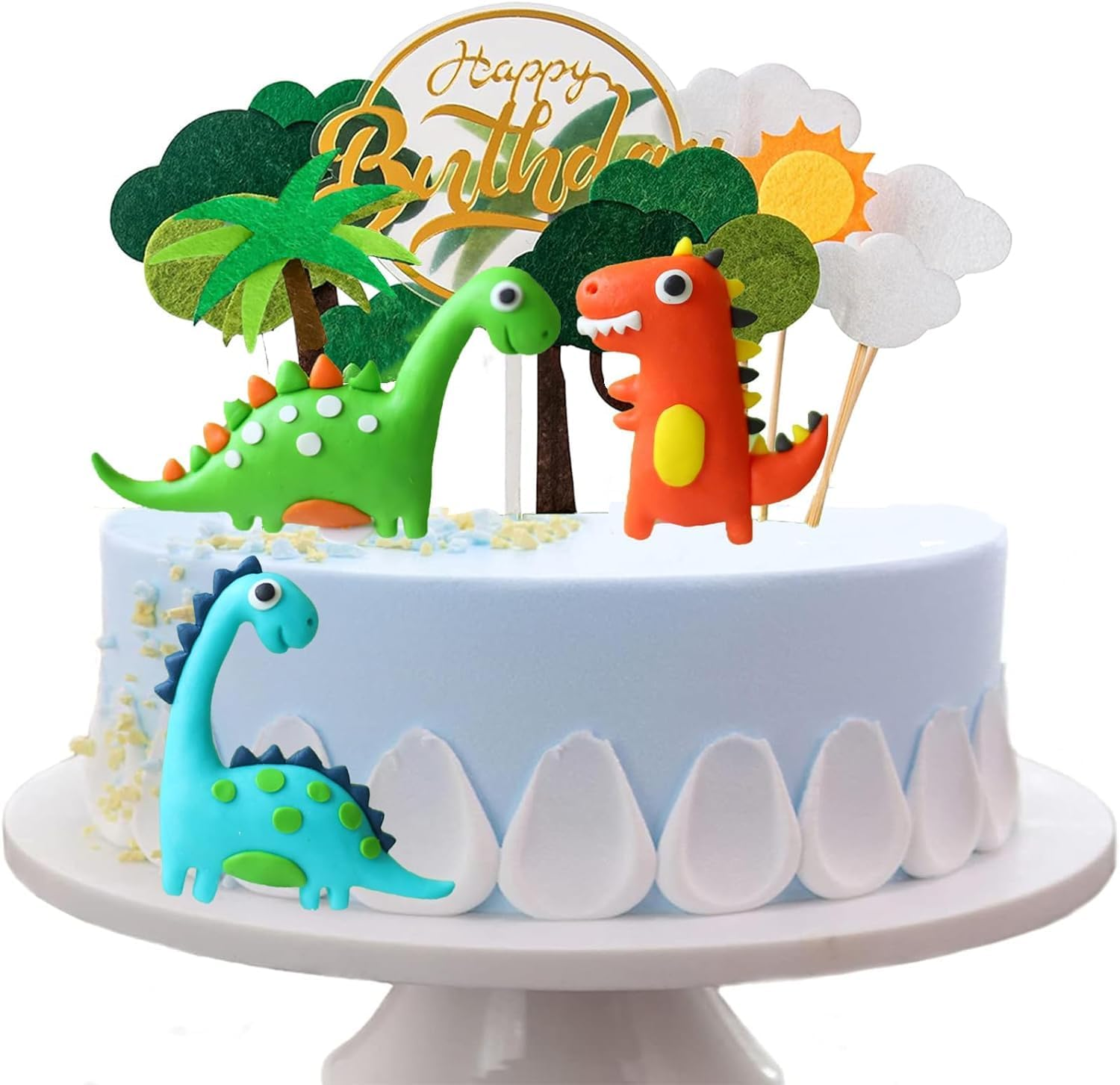 13Pcs Dinosaur Cake Topper Set with Palm Trees, Jungle Theme Party Decoration, Green and Orange image number 6