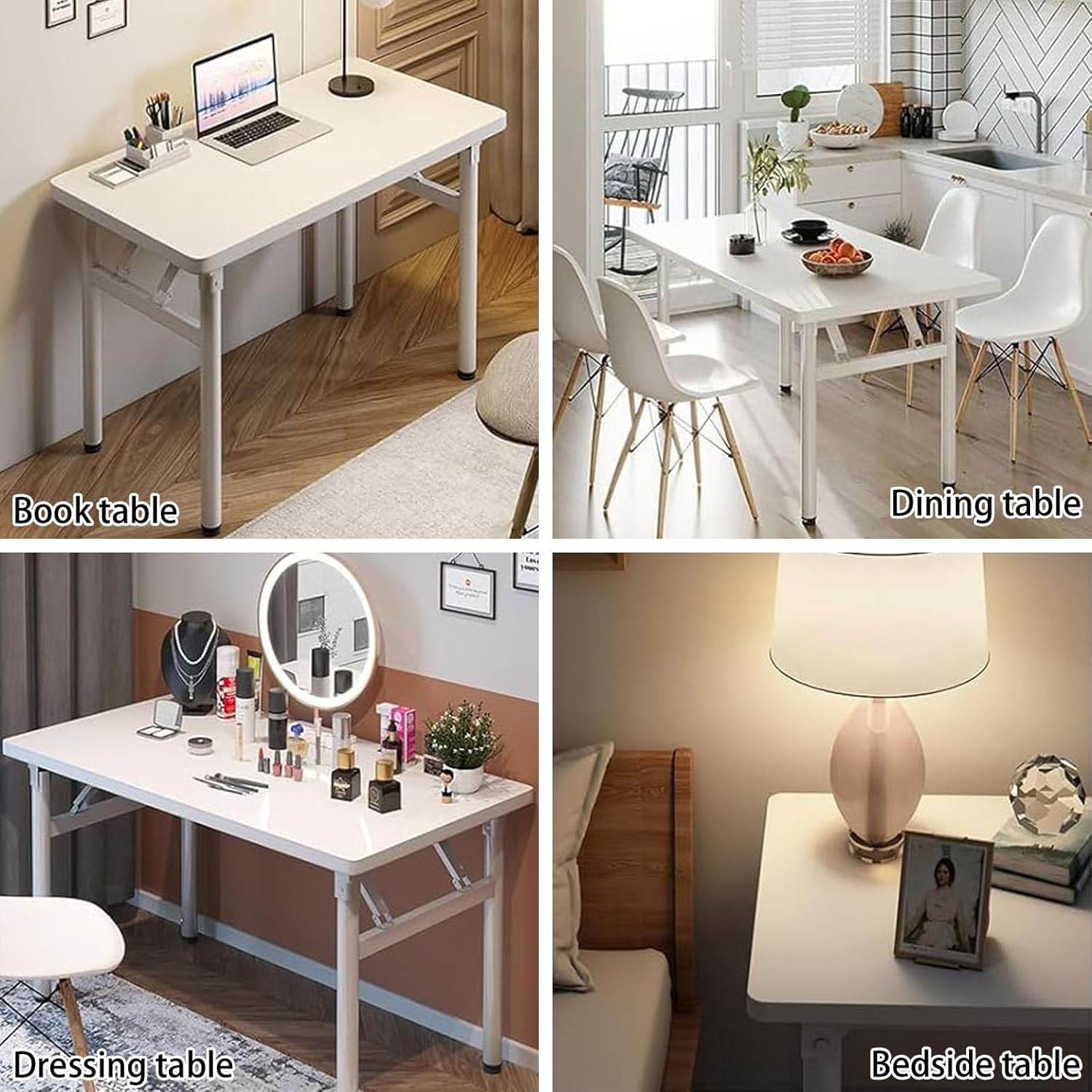 Folding Table, Small Foldable Desk, No Installation Requiredcomputer Desk, Writing Workstation for Home，Office,Bedroom（White） image number 4