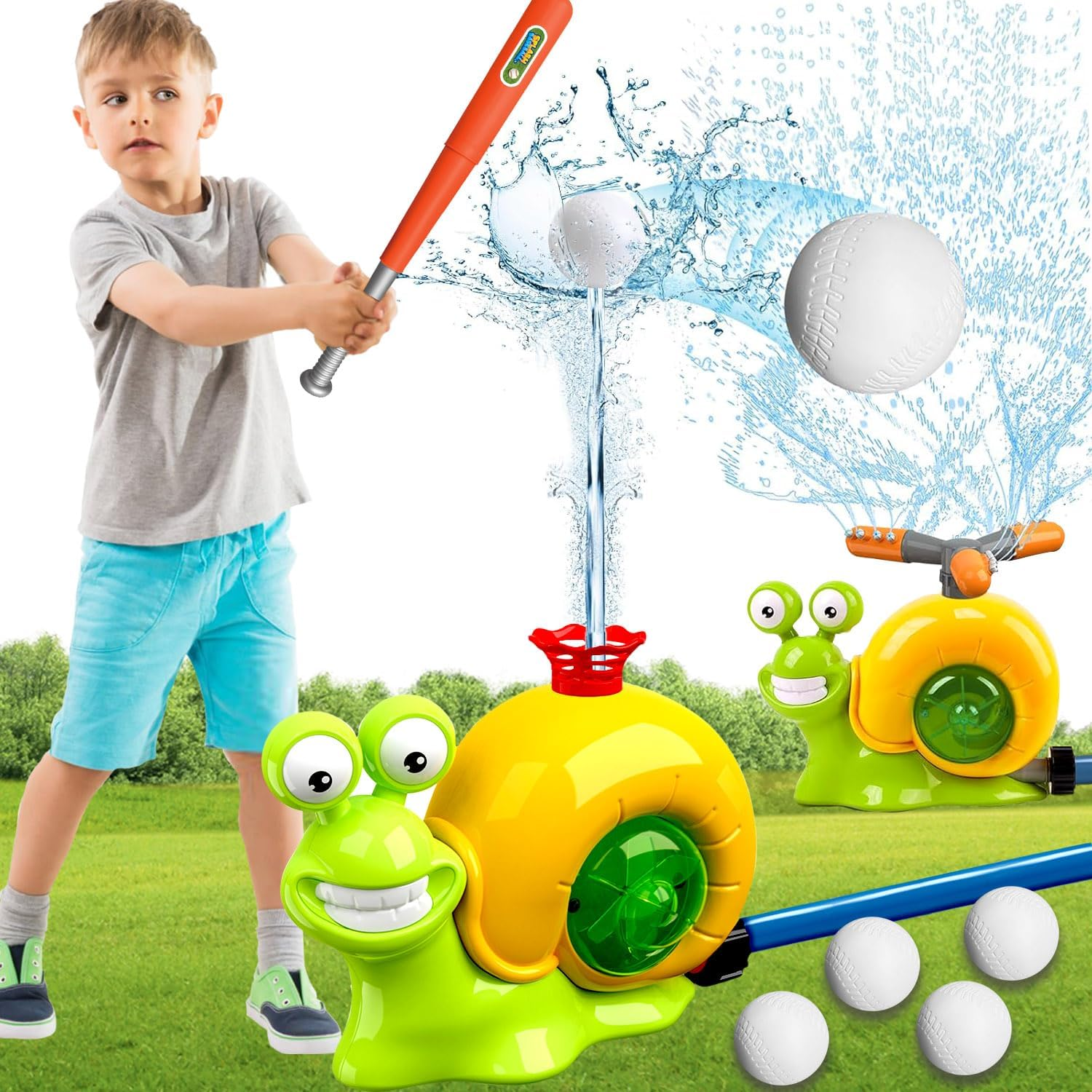 Water Sprinkler Baseball Toy for Kids Outdoor Play, 2 in 1 Snail Summer Water Game with 2 Sprinkler Heads, 360&deg; Roating Spray Water Baseball (Airplane) image number 4