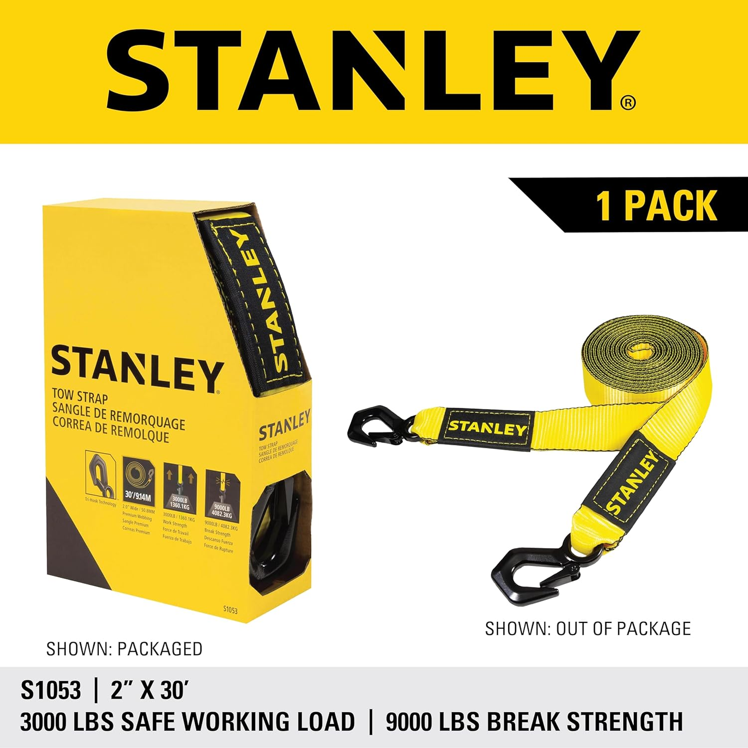STANLEY &lrm;S1053 Black/Yellow 2" X 30' Heavy-Duty Tow Strap with Black Forged Steel Hooks - 3,000 Safe Working Load / 9,000 Lb Break Strength image number 4