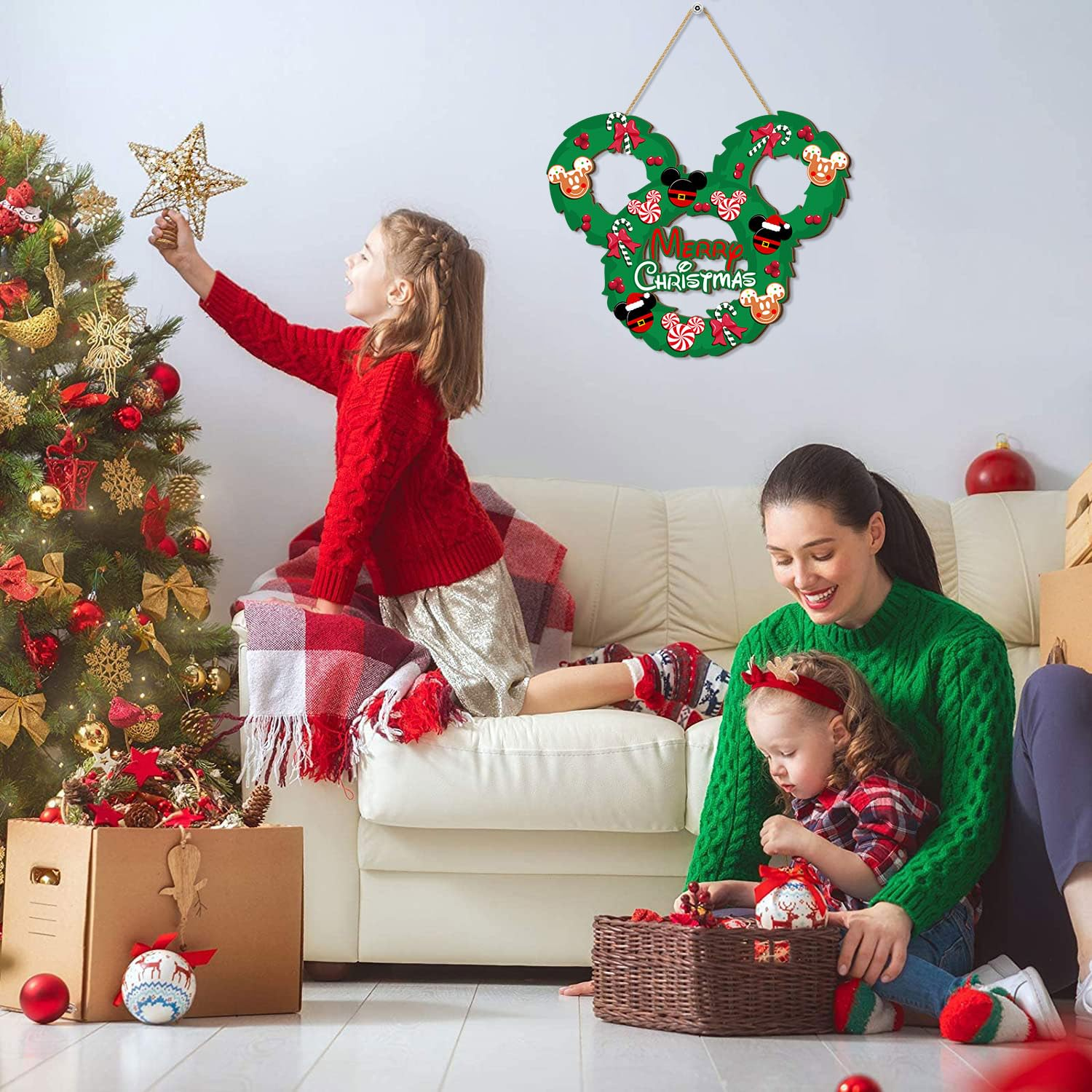 Christmas Mouse Door Sign Decorations, Merry Christmas Wooden Door Hanging Sign Wreath Ornaments for Front Door Decor Peppermint Candy Mouse Shaped Winter Wall Xmas Party Holiday Supplies Green image number 3