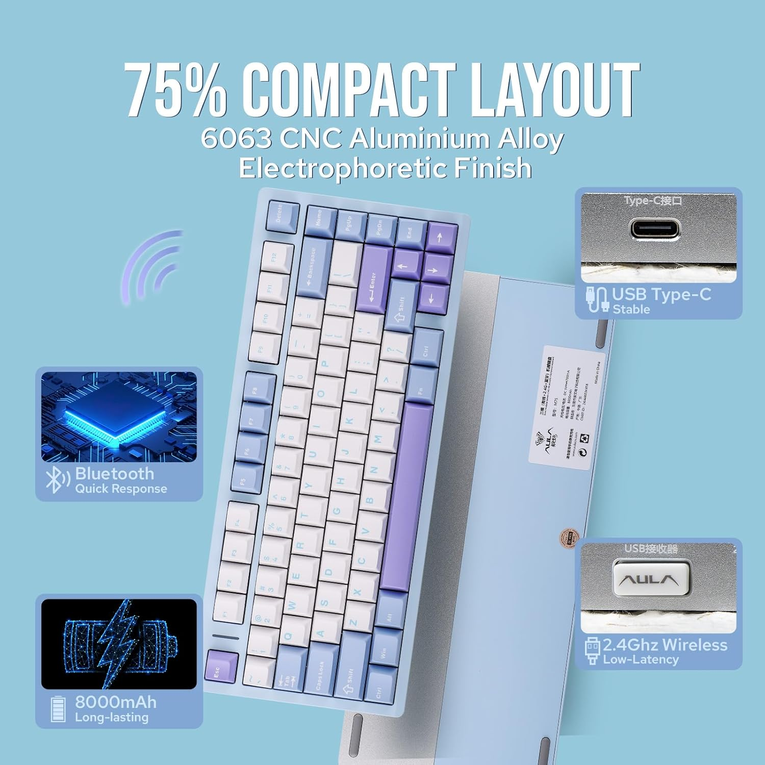 EPOMAKER Aula M75 Wireless Gaming Keyboard with 8000Mah Battery, 75% CNC Aluminum Mechanical Keyboard, Hot Swappable Creamy Keyboard, RGB Backlight, NKRO for Games/Office (Blue&White&Purple) image number 4