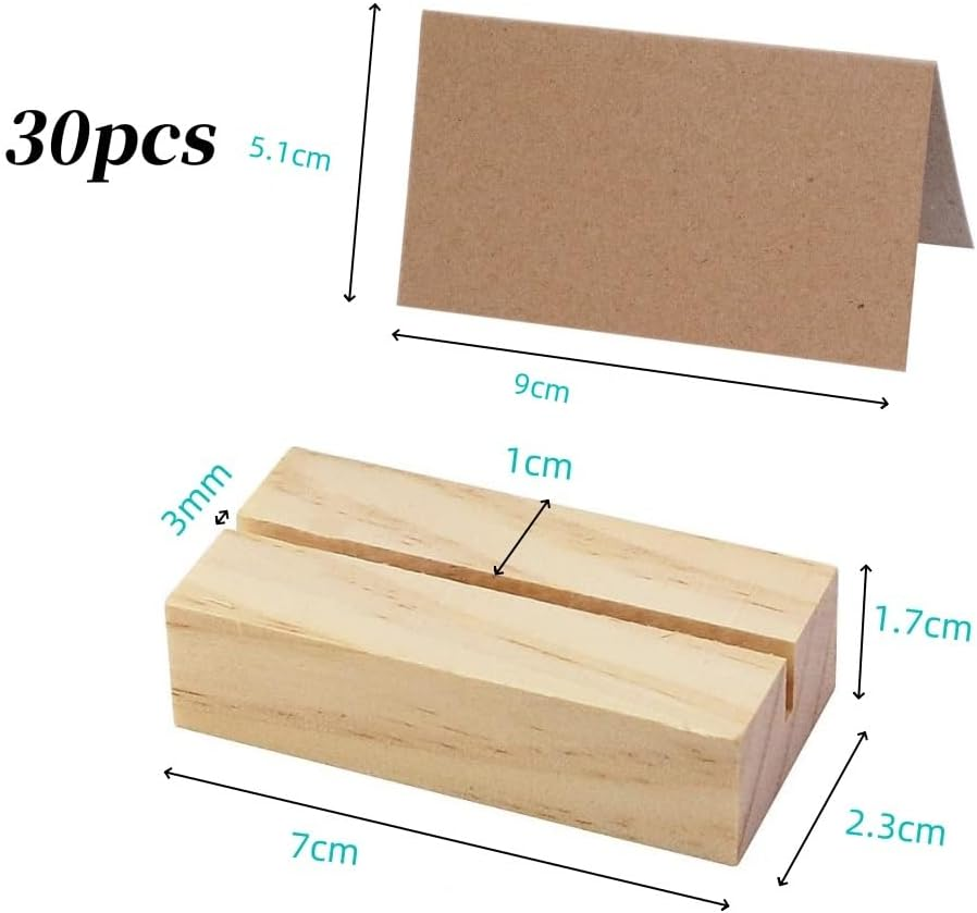 30 Pieces Wood Place Card Holders,Wood Sign Holders Table Number Stand, Table Number Holders Stands with Brown Paper Cards, for Table Number Signs, Wedding Party Events Display Name Card Photo Memo