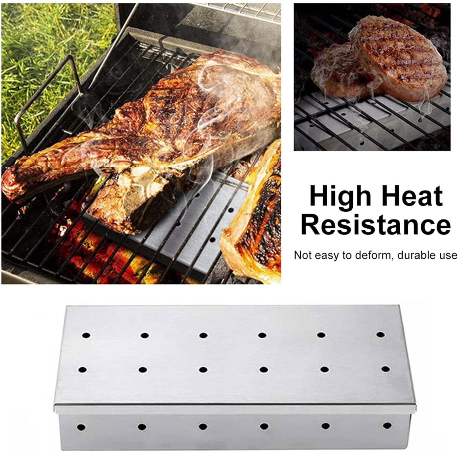 Smoker Box for Wood Chips,Pellet Smoker Tube,Stainless Steel Smoke Box for Cold or Hot Smoking,Add Smoked BBQ Flavor,Hinged Lid,Warp Free Grill Accessories,Use a Gas or Charcoal BBQ Grill