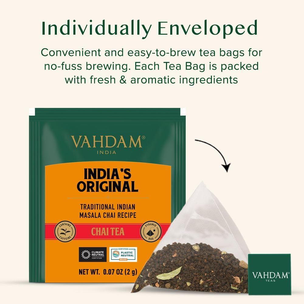 VAHDAM, India'S Original Masala Chai Tea Bags (15 Count) Non GMO, Gluten Free, No Added Flavoring | Blended W/Savory Exotic Spices | Individually Wrapped Pyramid Tea Bags | Direct from Source image number 0