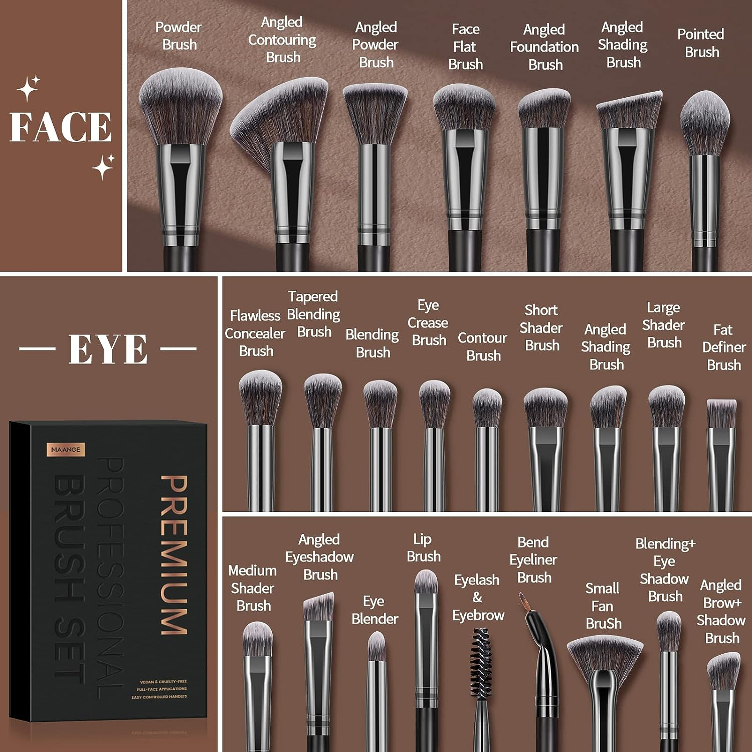 Make up Brushes, MAANGE 25Pcs Make up Brush Set Foundation Eyeshadow Blush Brush Blending Concealers Face Powder Eye Make up Brushes Set with Gift Box (Black) image number 2