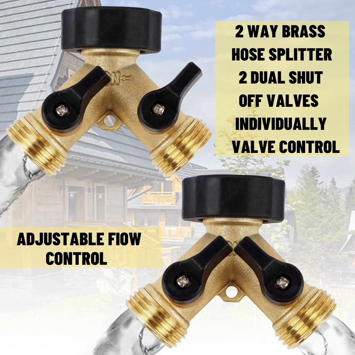 Biswing Garden Hose Splitter 2 Way, Heavy Duty Brass Connector Tap Splitter, Y Splitter 2 Valves with 2 Extra Rubber Washers image number 2