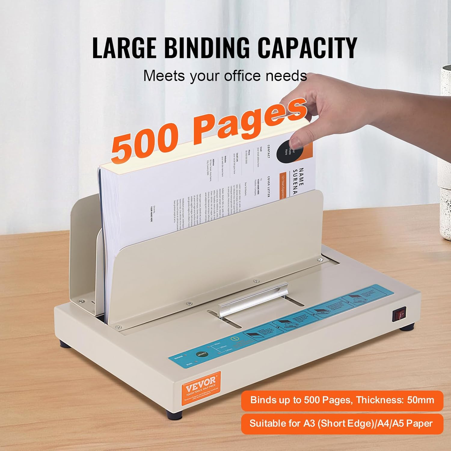 VEVOR Thermal Binding Machine, 500 Sheets Capacity Book Binding Machine, Thermal Book Binder 50Mm Binding Thickness A3(Short Edge)/A4/A5 Document, with Infrared Optical Detection image number 2