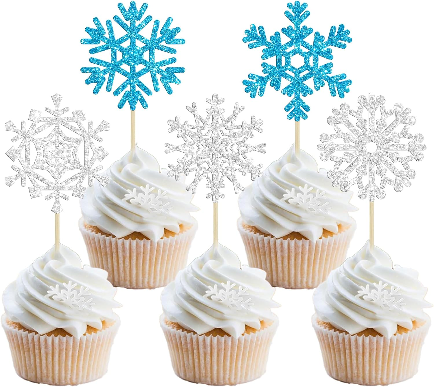 Gyufise 30Pcs Snowflake Cupcake Toppers Blue Glitter Winter Frozen Cupcake Picks Winter Wonderland Cake Decorations for Snowflake Winter Christmas Kids Birthday Party Supplies