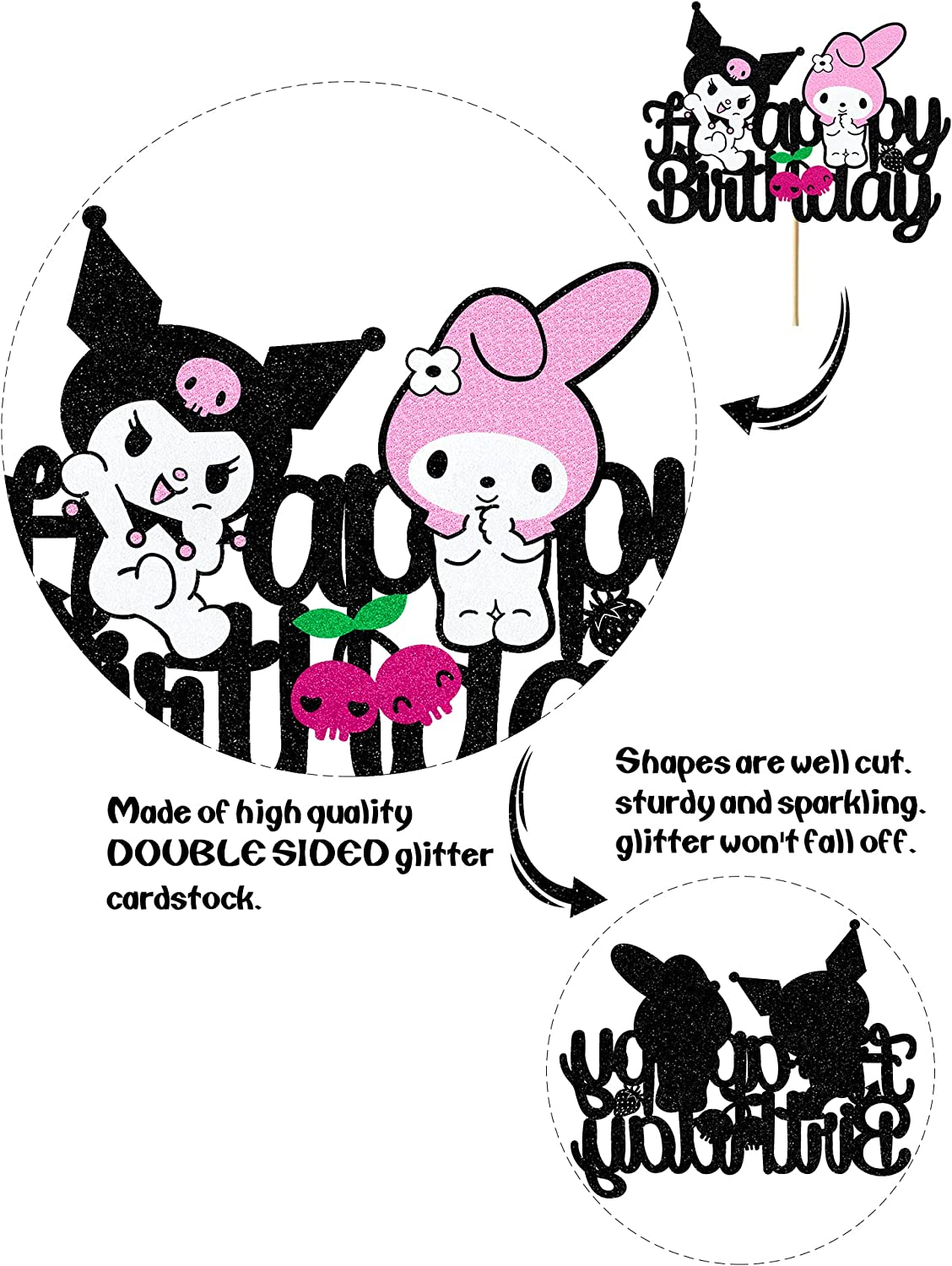 WOOTONG Kawaii Animal Cake Topper - 1 Pack (6.5'' X 5.1'') - Black Glitter - Birthday Party, Baby Shower - Cake Decoration image number 2