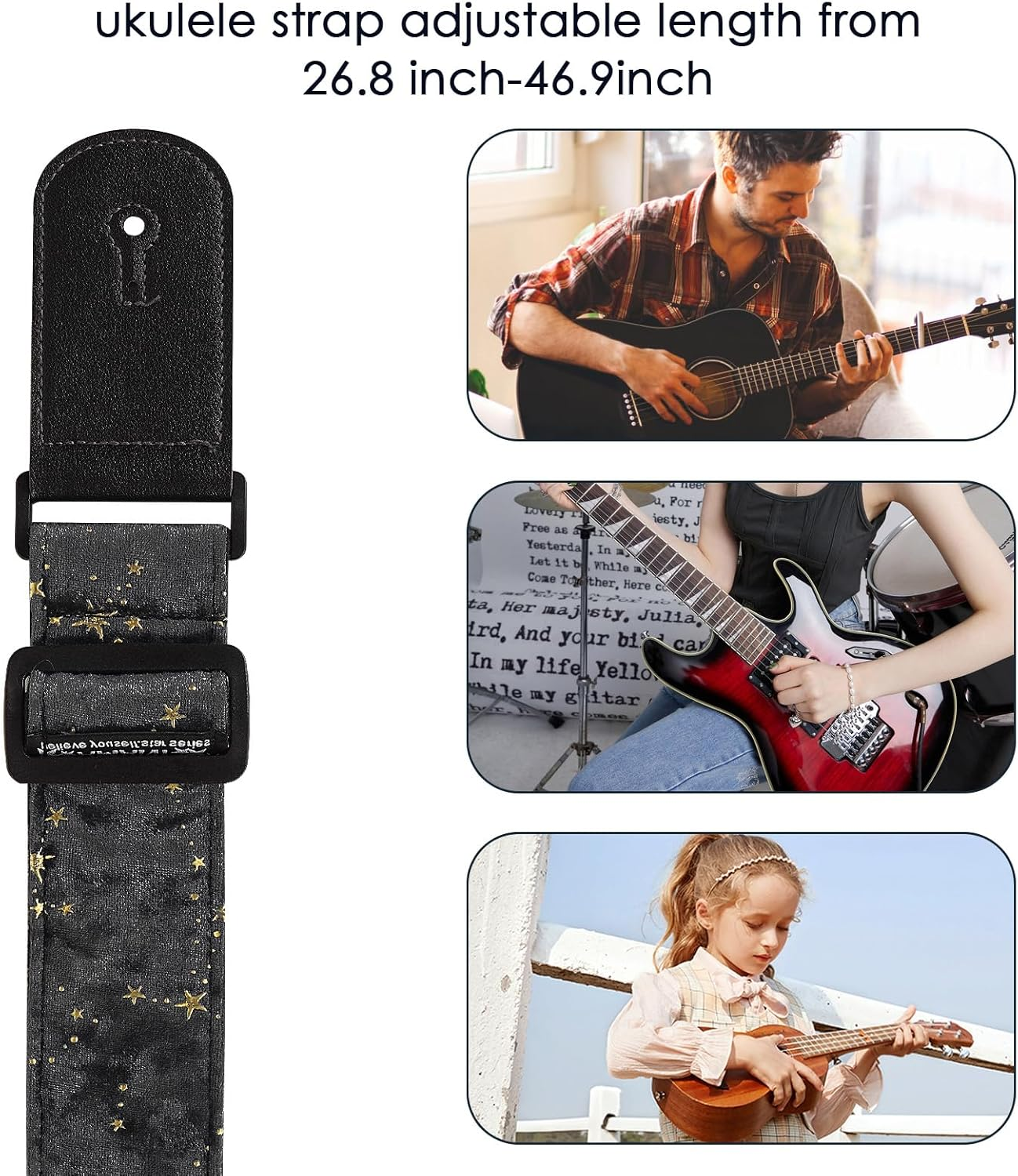 Ukulele Strap Belt, Adjustable Shoulder Strap for Folk, Electric Guitar Bass, Starry Pattern Uke Strap for Mandolin, Banjo, Concert - Black image number 3