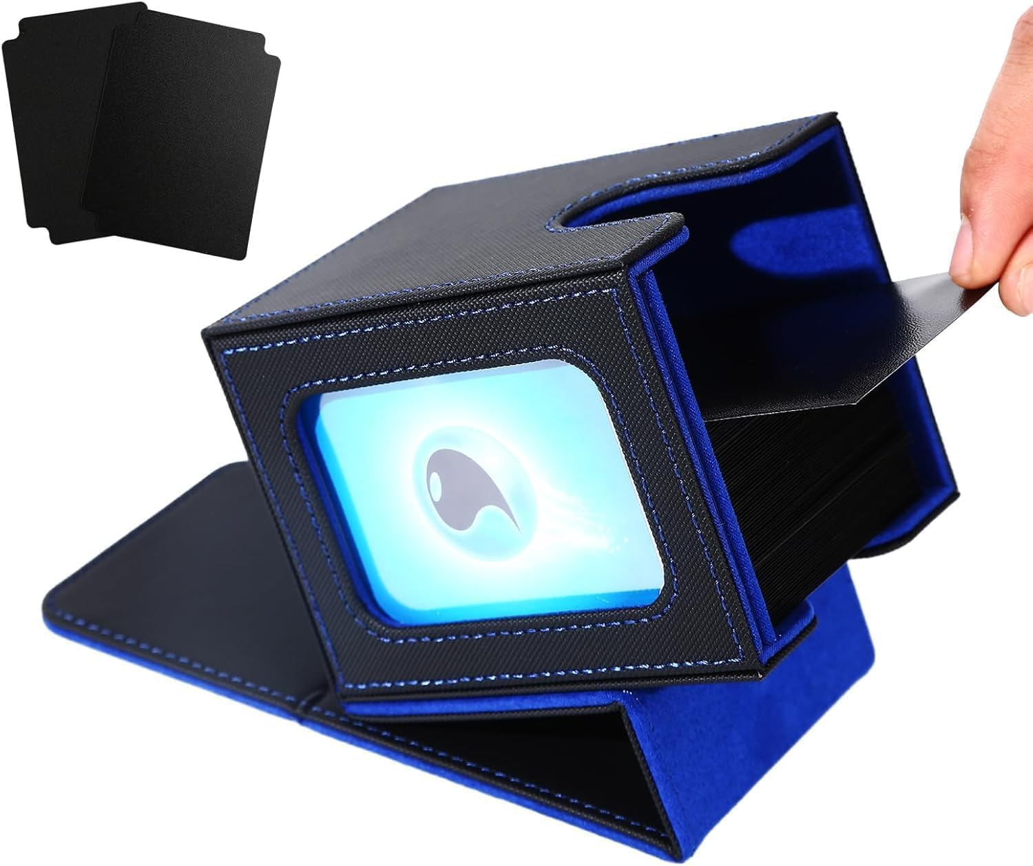 Venssu MTG Deck Box for Commander Display,Card Deck Box Fits 100 Double Sleeved Cards, TCG Card Storage Box with 2 Dividers and 1 Toploader (Black＆Blue) image number 1