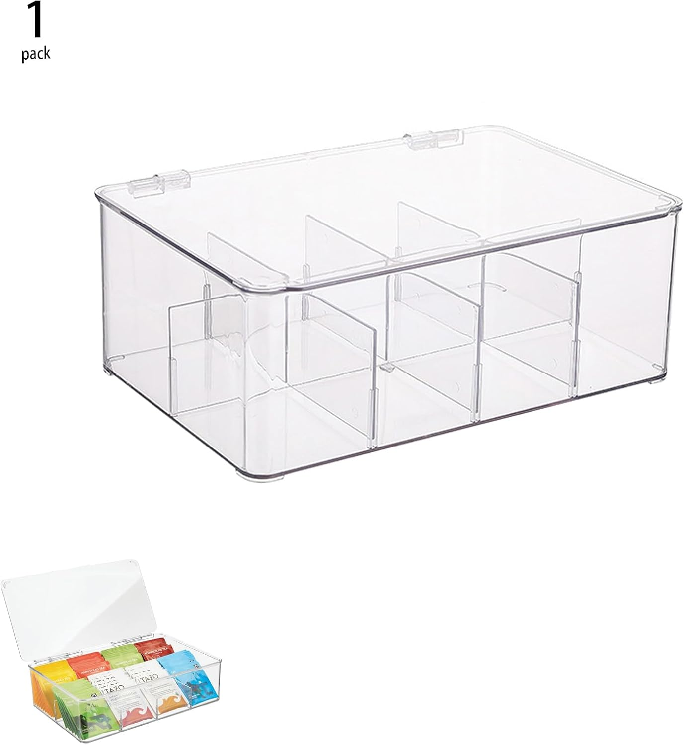 2 Pack Tea Coffee Bag Storage Box with Lid and 4 Removable Dividers,Clear Plastic Food Bag Snack Organizer,Stackable Kitchen/Refrigerator Dessert,Flavor Organizer image number 3