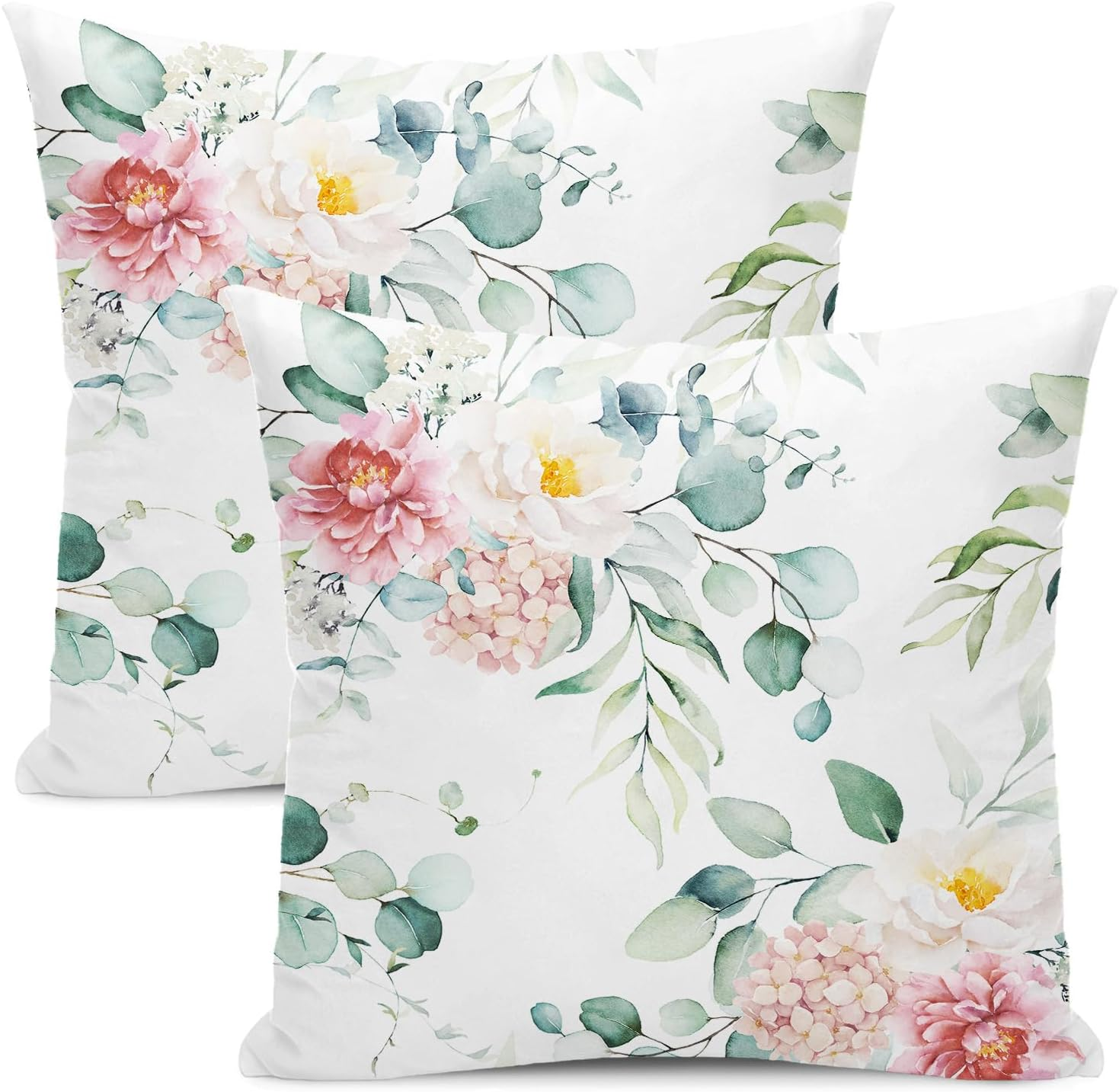 AEIOAE Spring Sage Green Pillow Covers 16X16 Inch Set of 2,Watercolor Eucalyptus Floral Throw Pillows Case,Seafoam Leaves Print Square Cushion Outdoor Leaf Decor for Home Sofa Bed (ZHH121001)