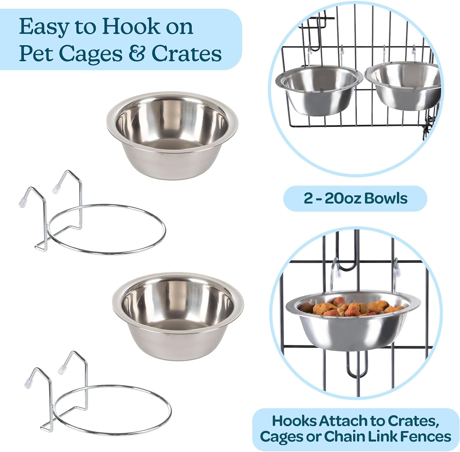 PETMAKER Set of 2 Stainless-Steel Dog Bowls - Cage, Kennel, and Crate Hanging Pet Bowls for Food and Water - 20Oz Each and Dishwasher Safe By,Silver image number 2