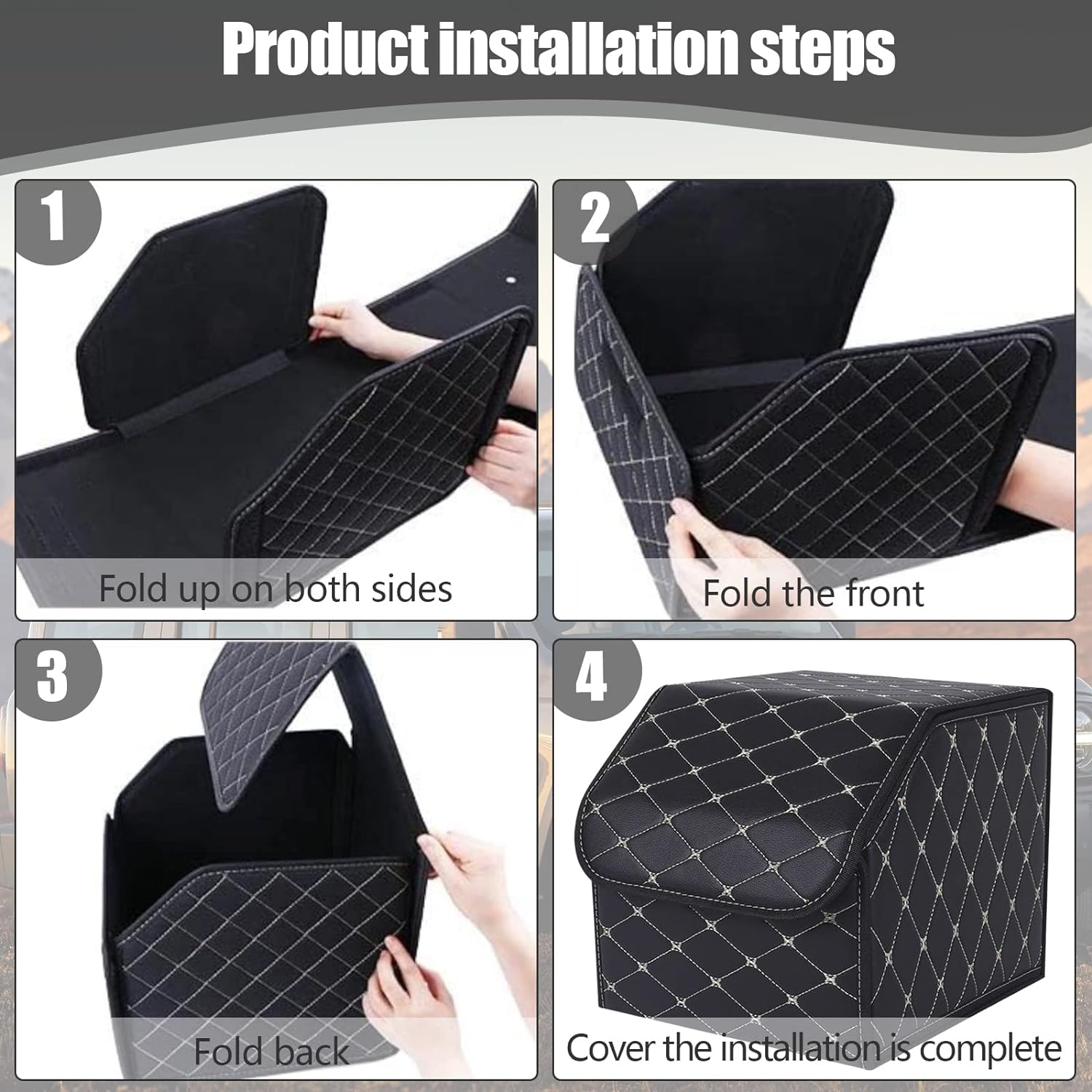 Car Trunk Organizer Multipurpose Leather Cargo Storage Box for Sedan SUV RV, Durable Collapsible Adjustable Auto Compartments Trunk Organiser (Black-Medium-Set of 1Pcs) image number 6